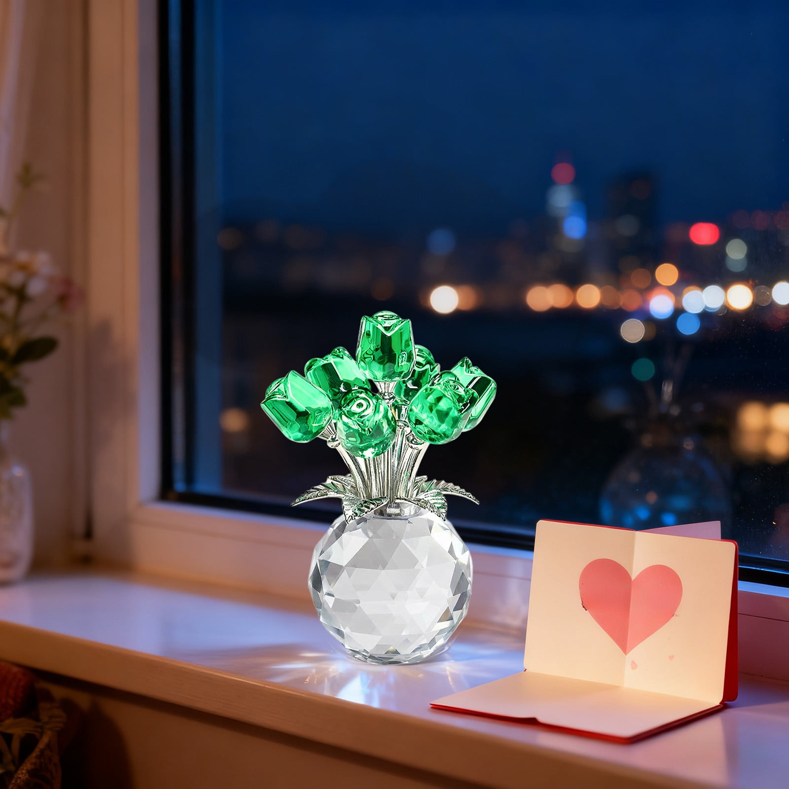 Clear Roses Bouquet Figurines, Glass Rose Flowers with Round Vase, Transparent Bouquet for Home Birthday Party Wedding Valentines Day Mother's Day Green - Image 3