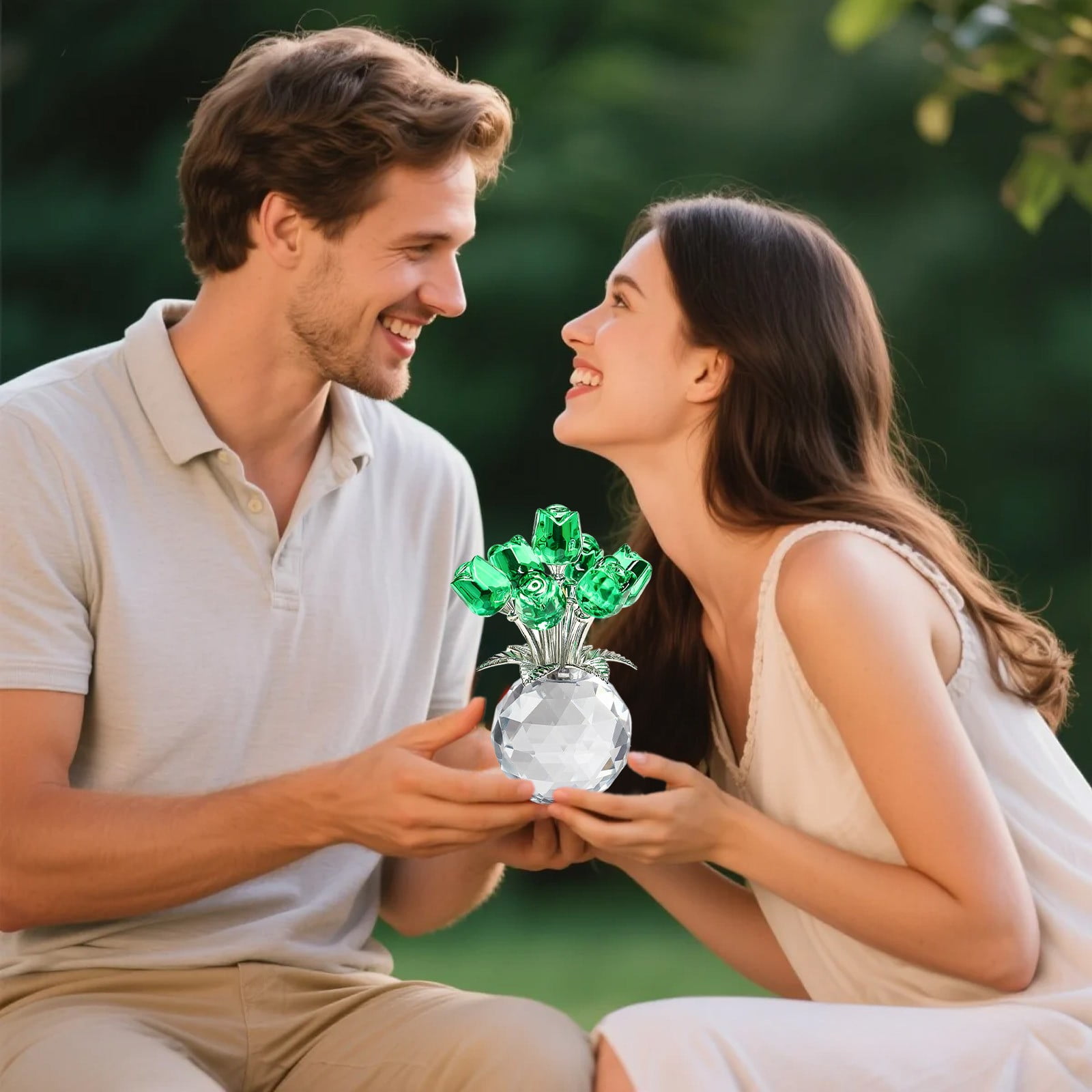 Clear Roses Bouquet Figurines, Glass Rose Flowers with Round Vase, Transparent Bouquet for Home Birthday Party Wedding Valentines Day Mother's Day Green - Image 4