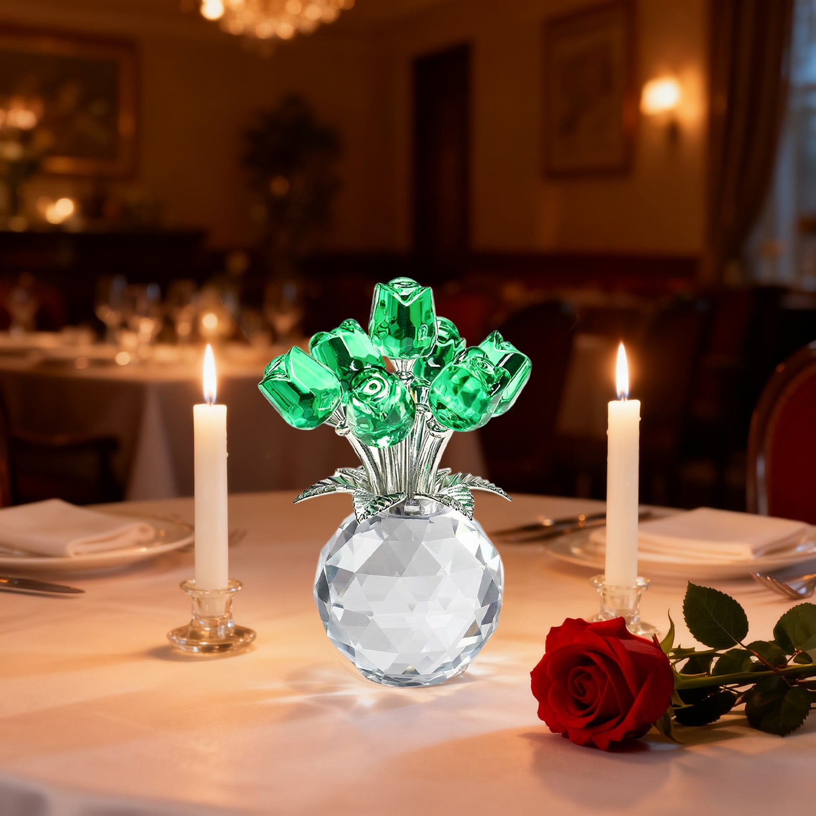 Clear Roses Bouquet Figurines, Glass Rose Flowers with Round Vase, Transparent Bouquet for Home Birthday Party Wedding Valentines Day Mother's Day Green - Image 5