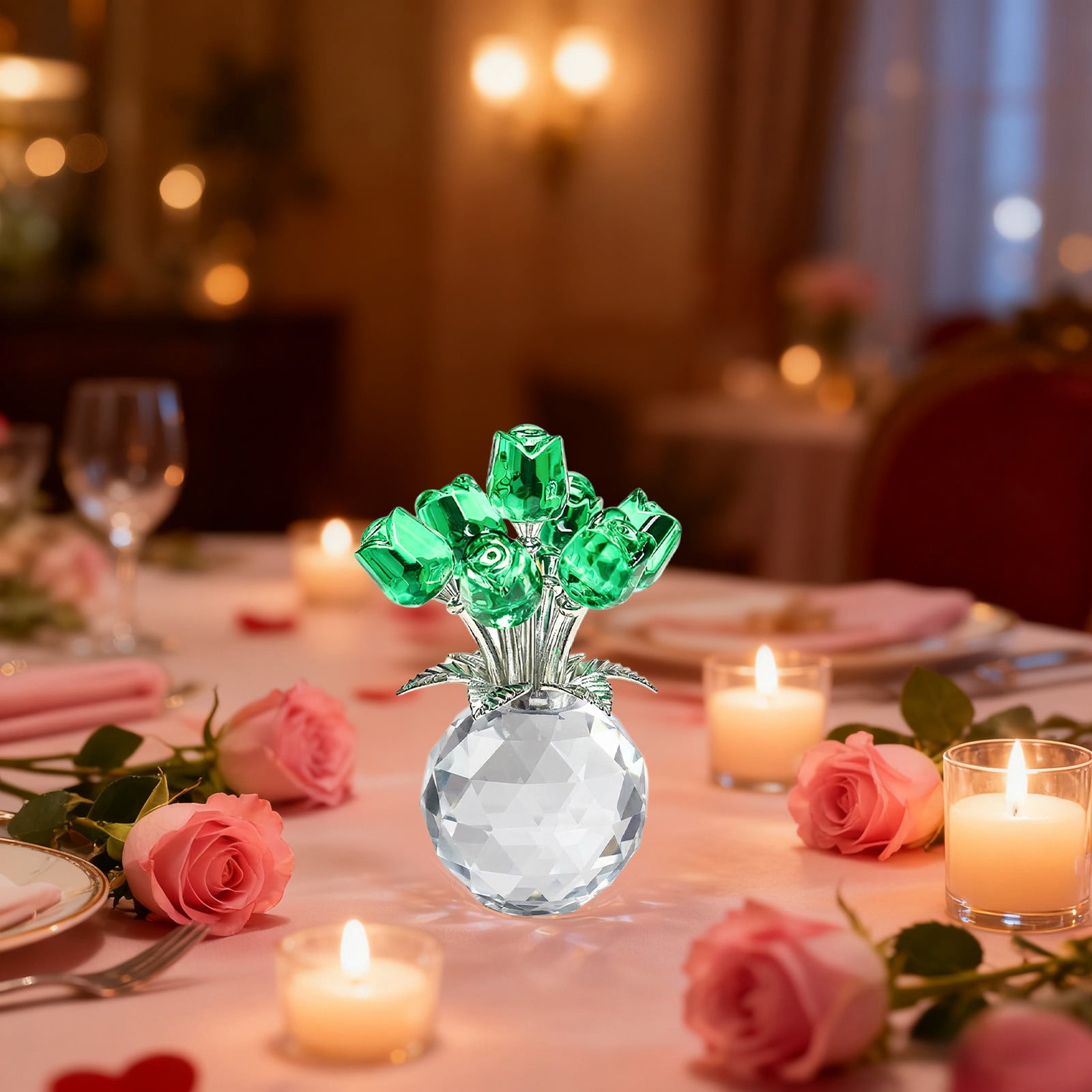Clear Roses Bouquet Figurines, Glass Rose Flowers with Round Vase, Transparent Bouquet for Home Birthday Party Wedding Valentines Day Mother's Day Green - Image 6