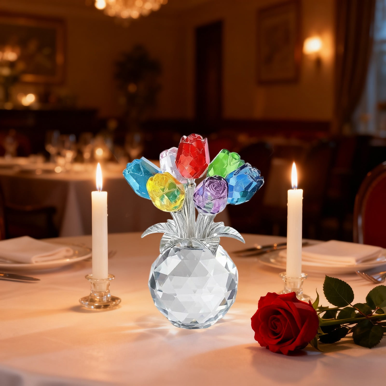Clear Roses Bouquet Figurines, Glass Rose Flowers with Round Vase, Transparent Bouquet for Home Birthday Party Wedding Valentines Day Mother's Day Multicolor - Image 3