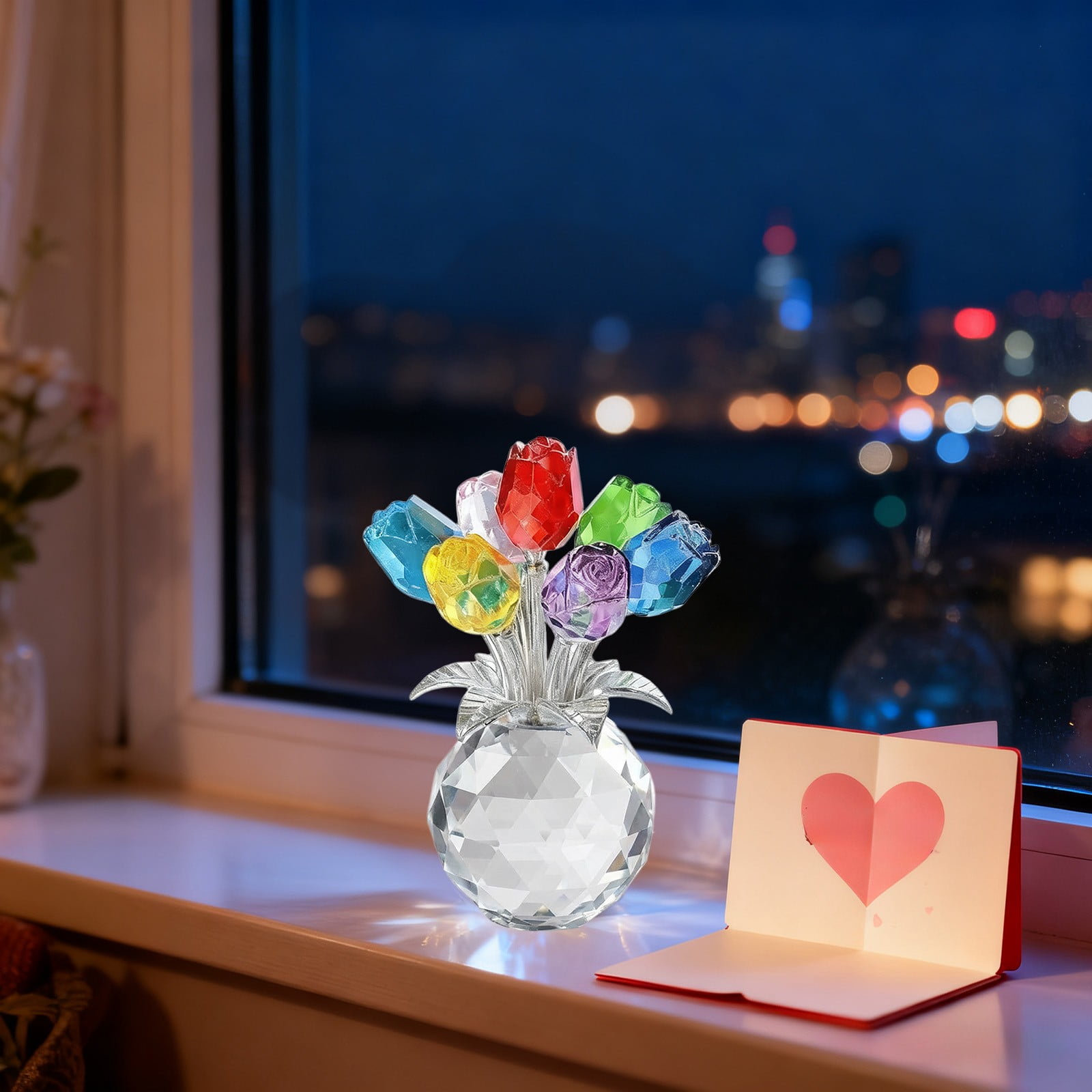 Clear Roses Bouquet Figurines, Glass Rose Flowers with Round Vase, Transparent Bouquet for Home Birthday Party Wedding Valentines Day Mother's Day Multicolor - Image 4
