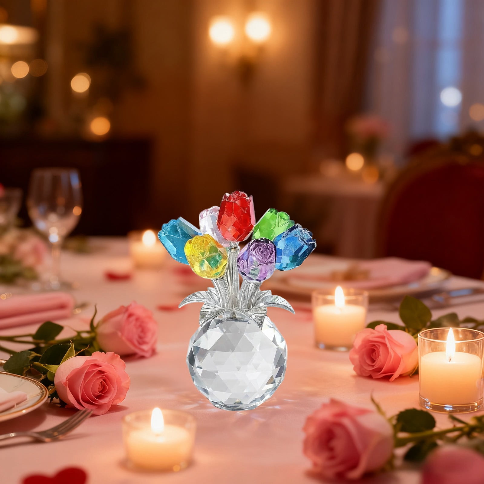 Clear Roses Bouquet Figurines, Glass Rose Flowers with Round Vase, Transparent Bouquet for Home Birthday Party Wedding Valentines Day Mother's Day Multicolor - Image 5