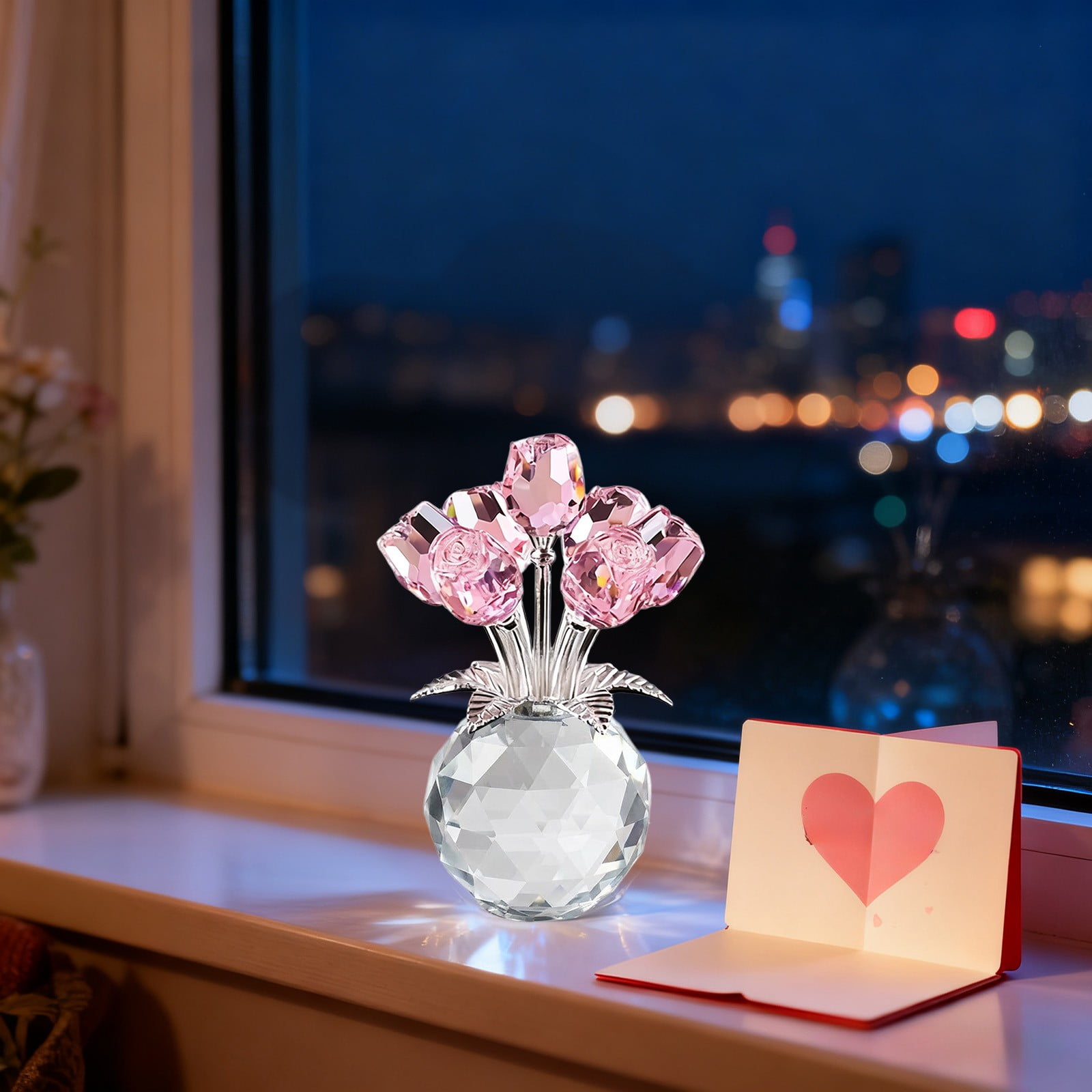 Clear Roses Bouquet Figurines, Glass Rose Flowers with Round Vase, Transparent Bouquet for Home Birthday Party Wedding Valentines Day Mother's Day Pink - Image 3