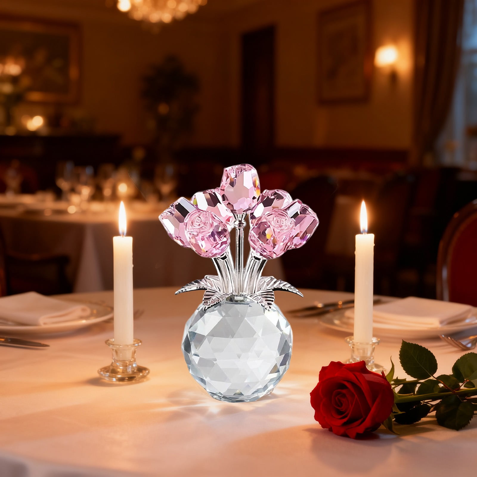 Clear Roses Bouquet Figurines, Glass Rose Flowers with Round Vase, Transparent Bouquet for Home Birthday Party Wedding Valentines Day Mother's Day Pink - Image 4