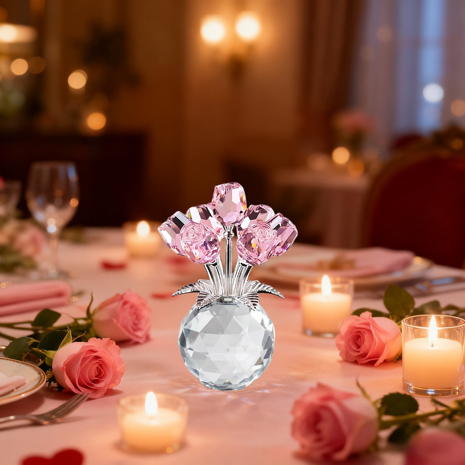 Clear Roses Bouquet Figurines, Glass Rose Flowers with Round Vase, Transparent Bouquet for Home Birthday Party Wedding Valentines Day Mother's Day Pink - Image 5