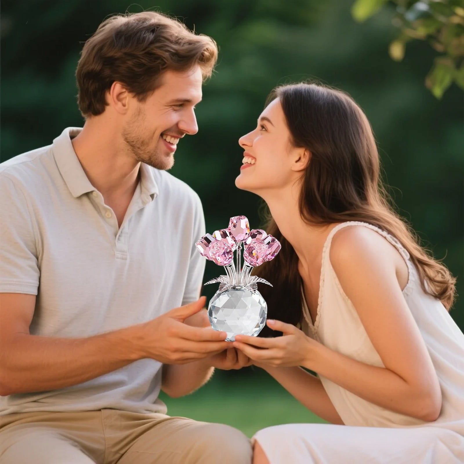 Clear Roses Bouquet Figurines, Glass Rose Flowers with Round Vase, Transparent Bouquet for Home Birthday Party Wedding Valentines Day Mother's Day Pink - Image 6