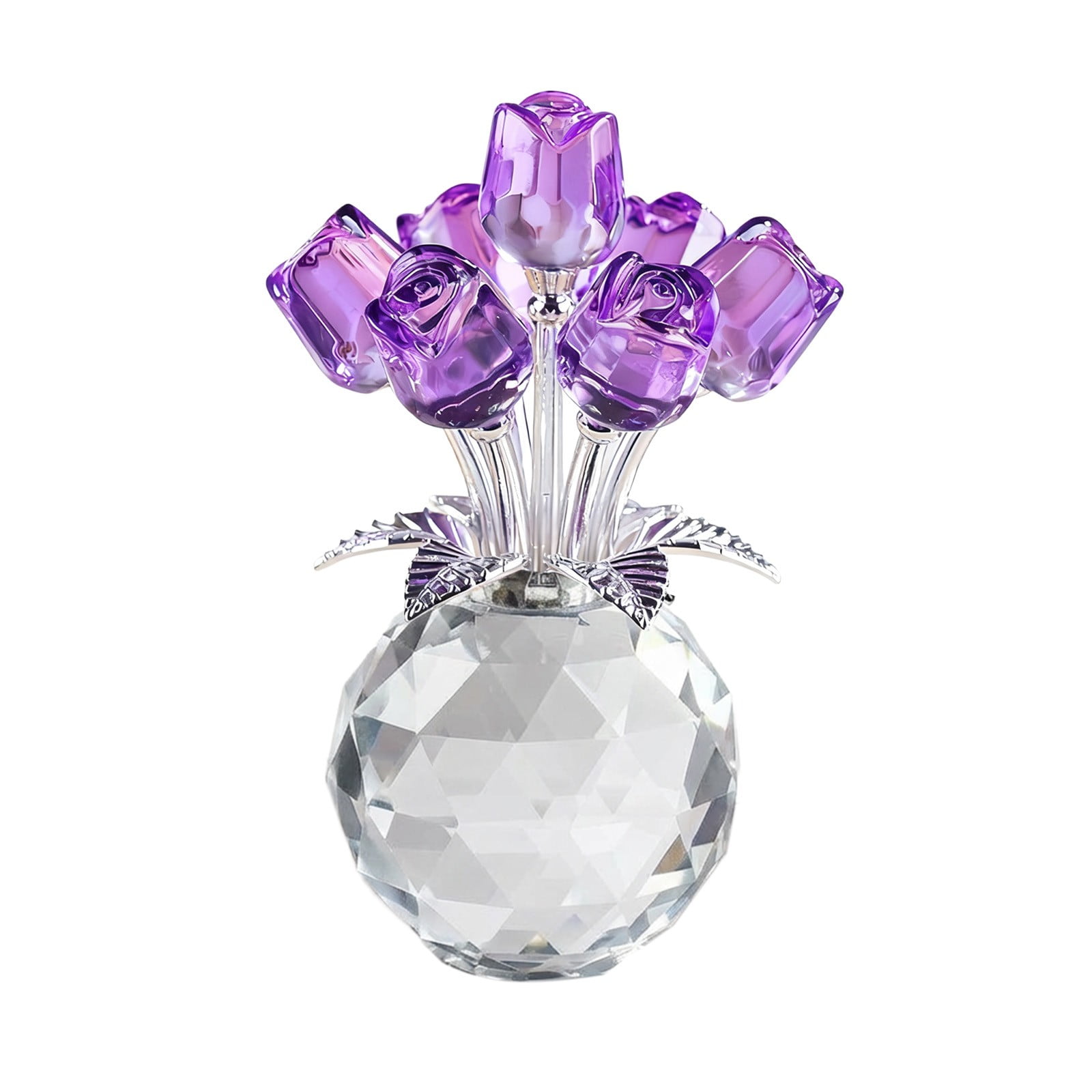Clear Roses Bouquet Figurines, Glass Rose Flowers with Round Vase, Transparent Bouquet for Home Birthday Party Wedding Valentines Day Mother's Day Purple - Image 1