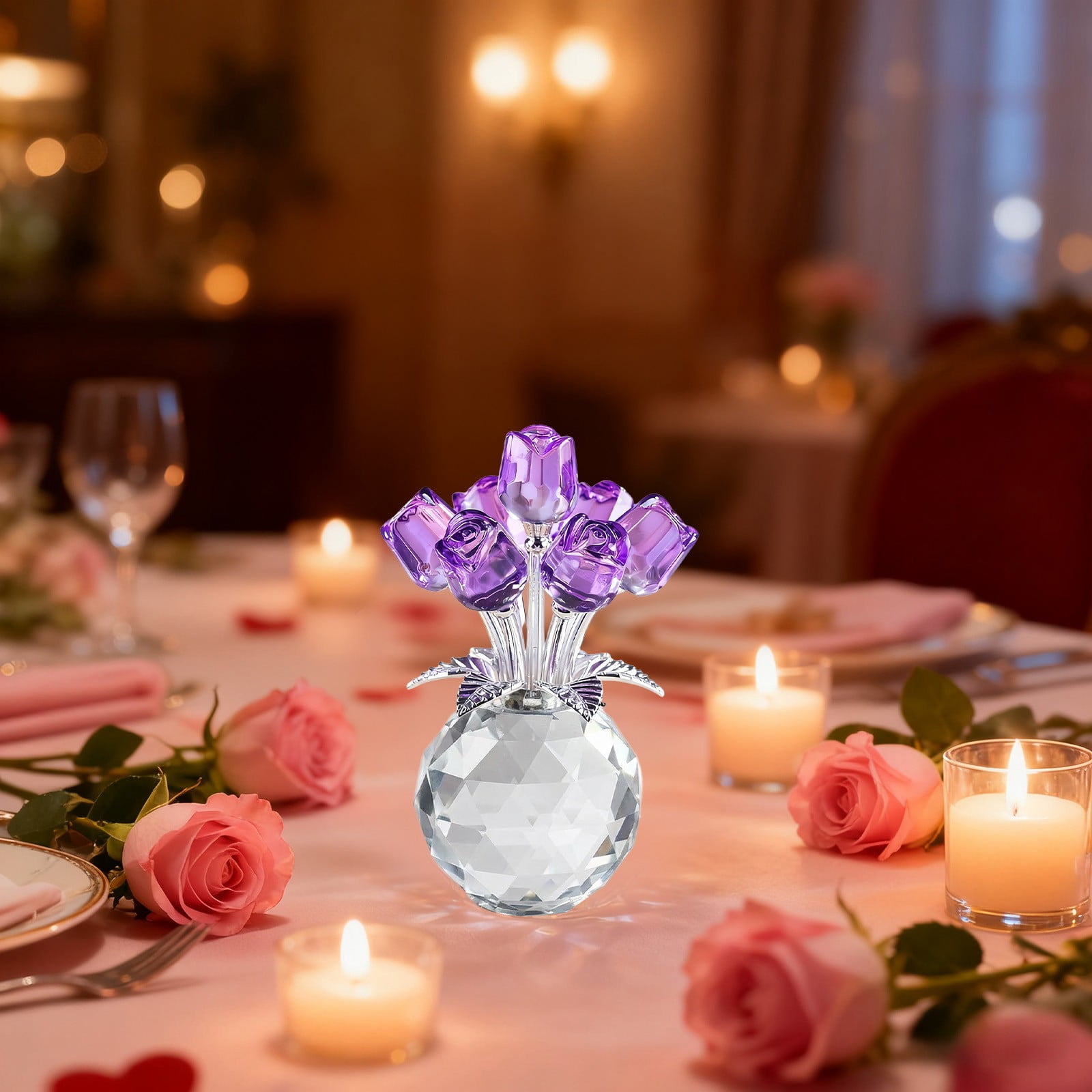 Clear Roses Bouquet Figurines, Glass Rose Flowers with Round Vase, Transparent Bouquet for Home Birthday Party Wedding Valentines Day Mother's Day Purple - Image 3
