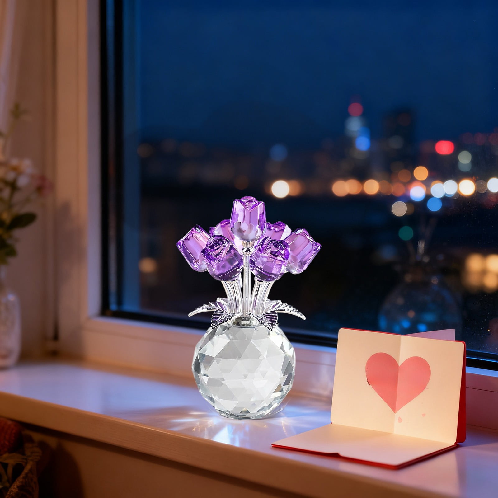 Clear Roses Bouquet Figurines, Glass Rose Flowers with Round Vase, Transparent Bouquet for Home Birthday Party Wedding Valentines Day Mother's Day Purple - Image 4