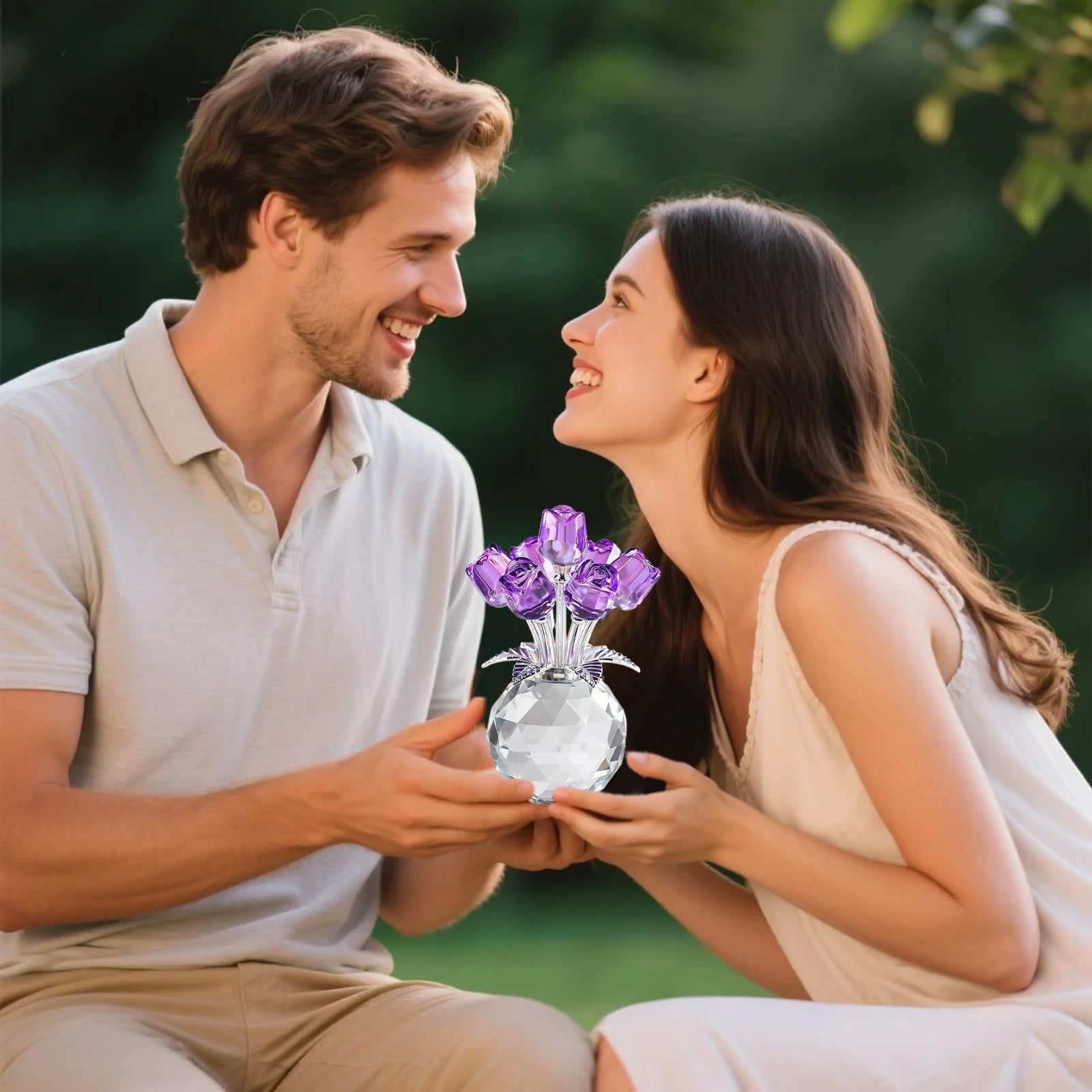 Clear Roses Bouquet Figurines, Glass Rose Flowers with Round Vase, Transparent Bouquet for Home Birthday Party Wedding Valentines Day Mother's Day Purple - Image 5