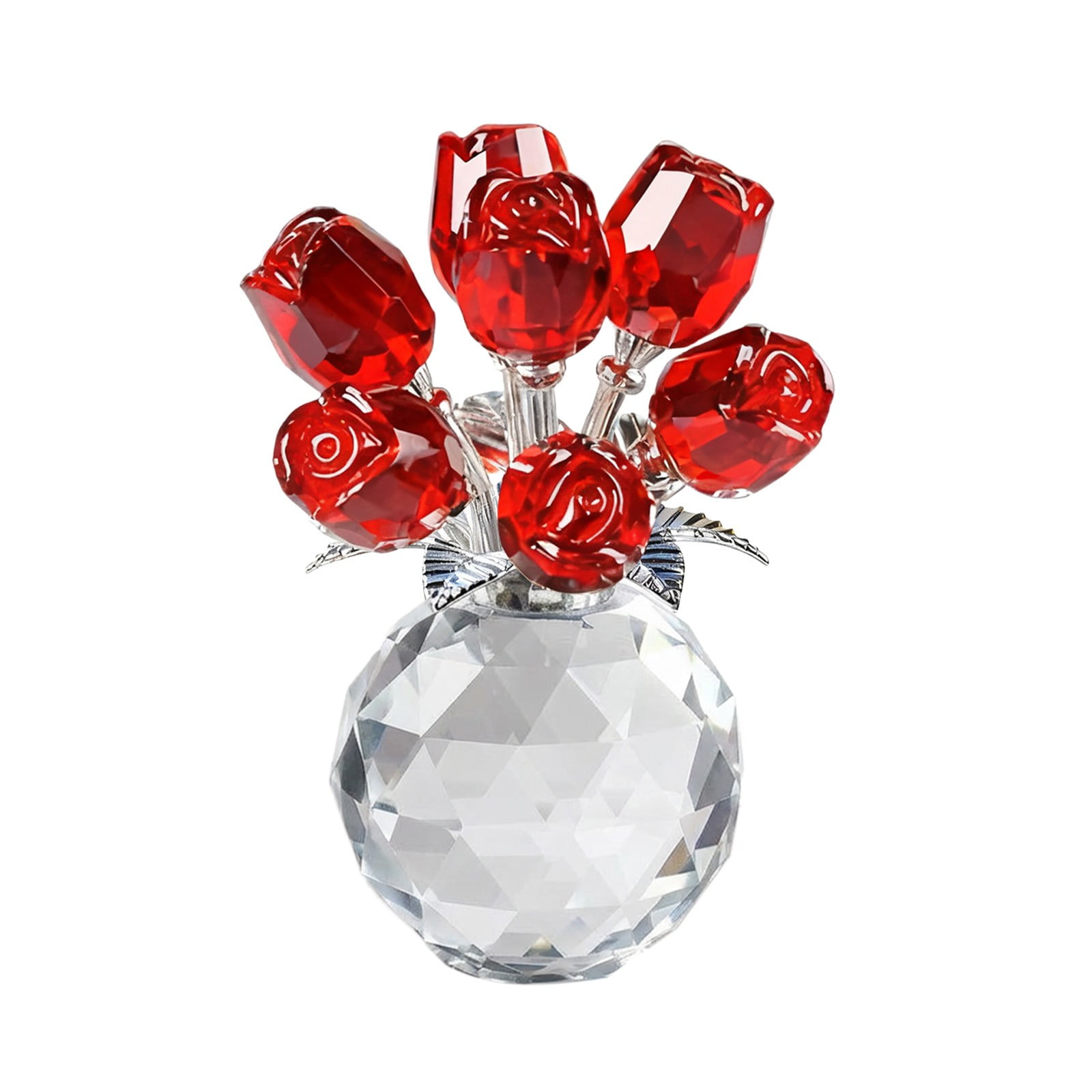 Clear Roses Bouquet Figurines, Glass Rose Flowers with Round Vase, Transparent Bouquet for Home Birthday Party Wedding Valentines Day Mother's Day Red - Image 1