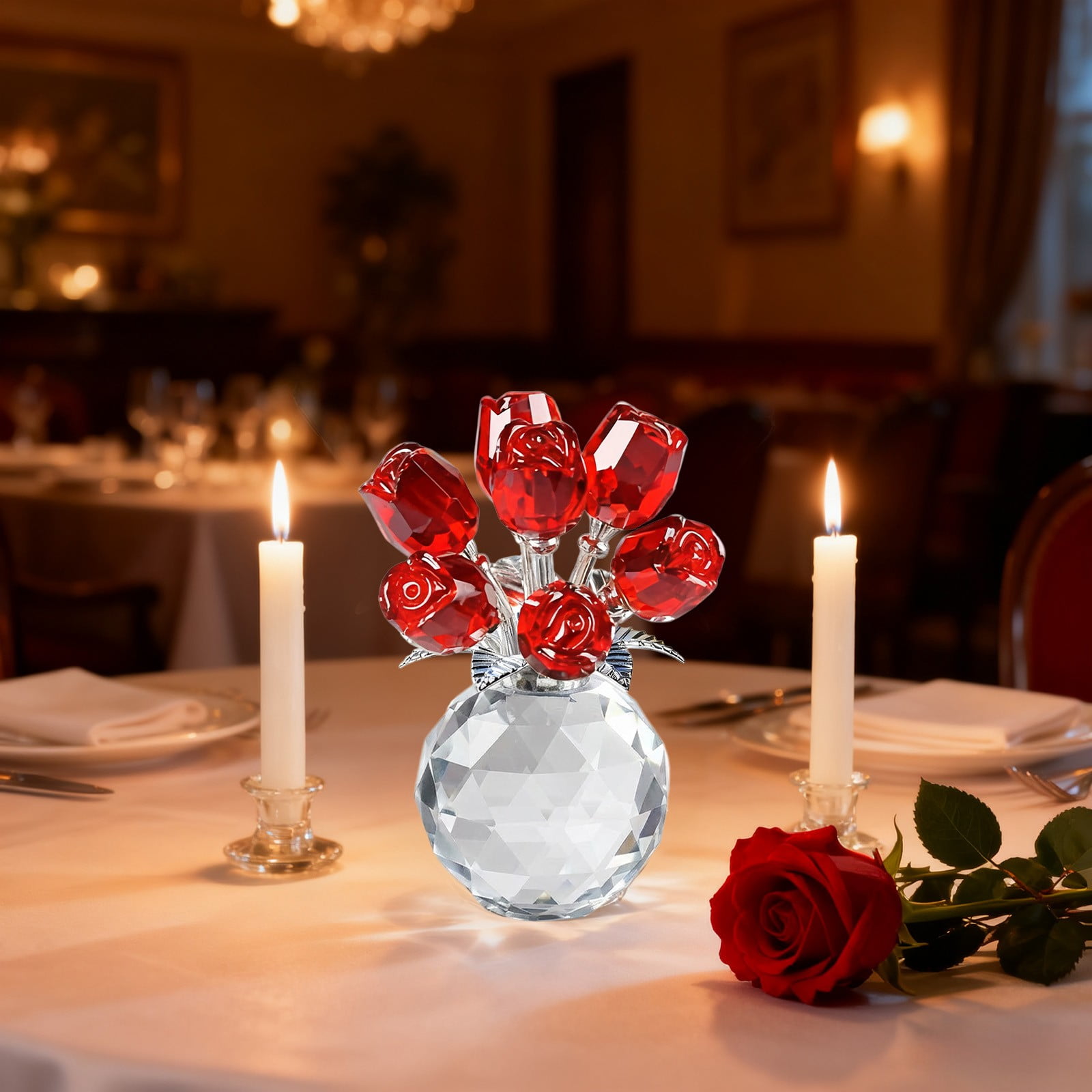 Clear Roses Bouquet Figurines, Glass Rose Flowers with Round Vase, Transparent Bouquet for Home Birthday Party Wedding Valentines Day Mother's Day Red - Image 3