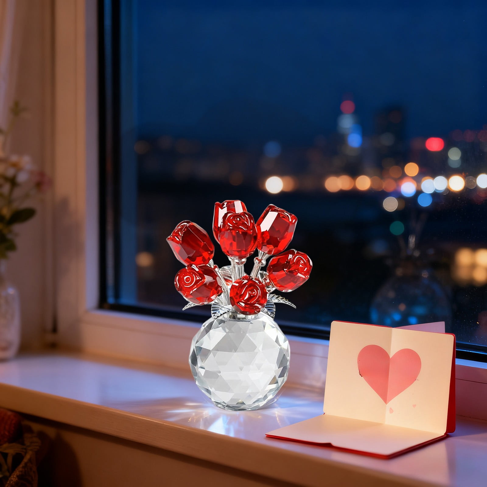 Clear Roses Bouquet Figurines, Glass Rose Flowers with Round Vase, Transparent Bouquet for Home Birthday Party Wedding Valentines Day Mother's Day Red - Image 4