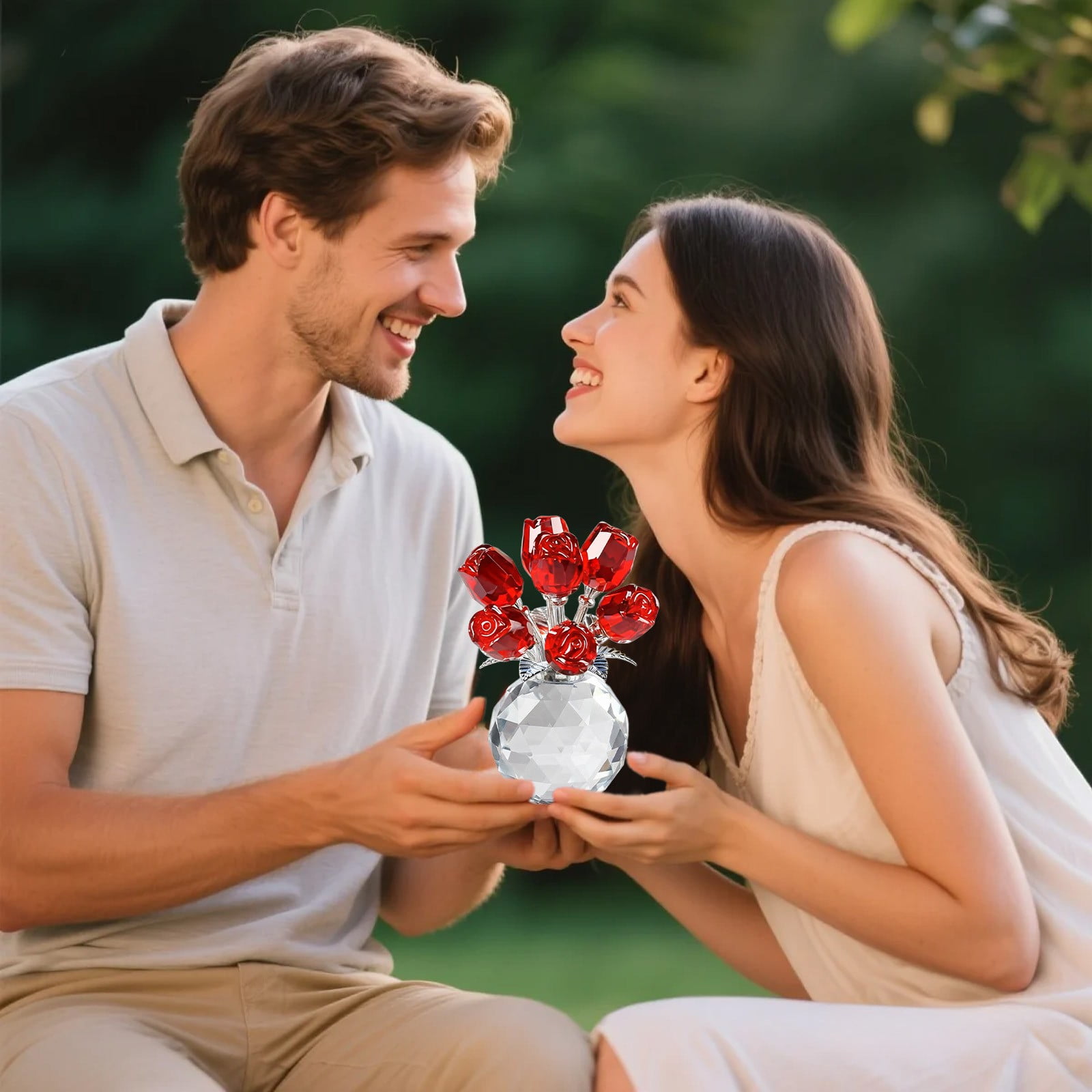 Clear Roses Bouquet Figurines, Glass Rose Flowers with Round Vase, Transparent Bouquet for Home Birthday Party Wedding Valentines Day Mother's Day Red - Image 5