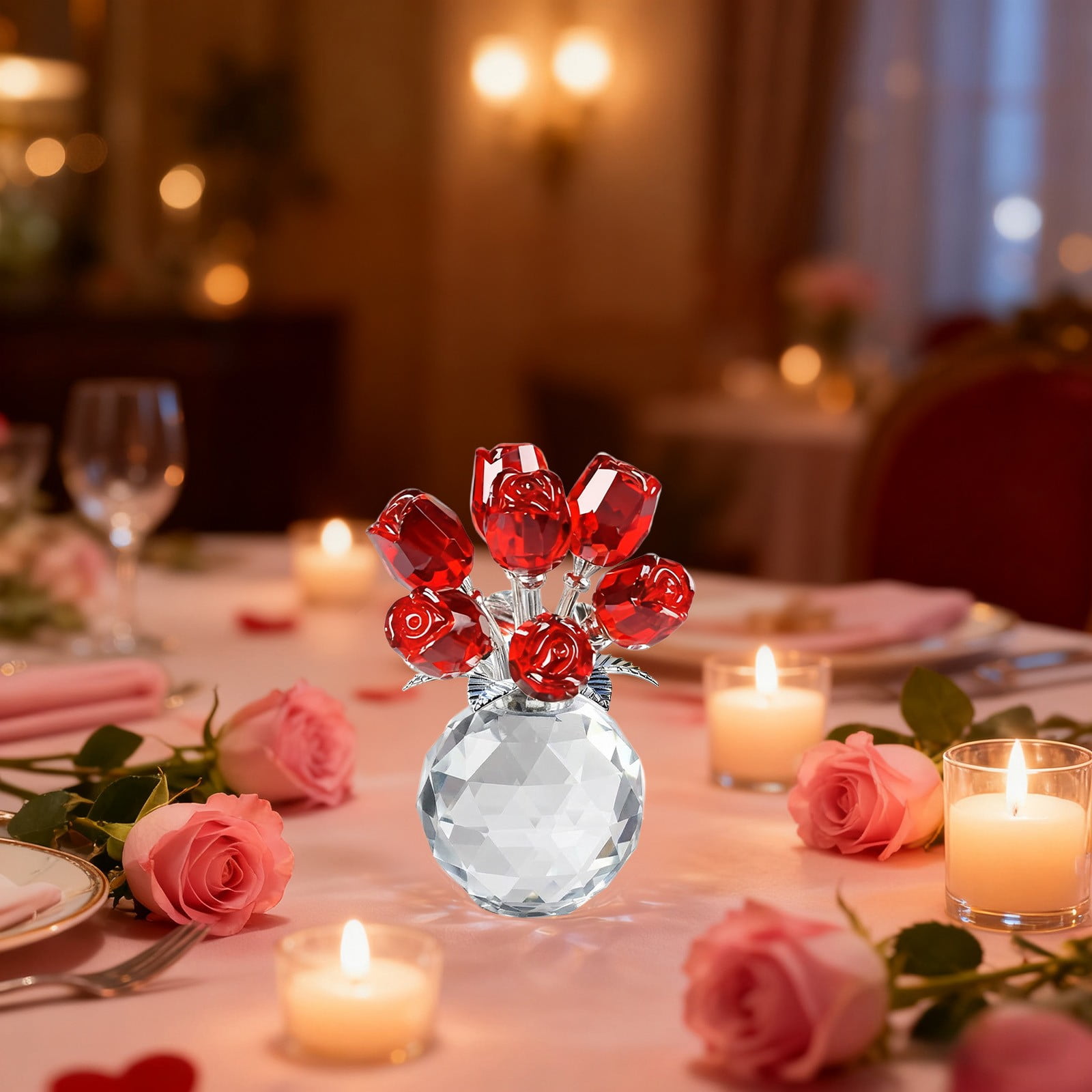 Clear Roses Bouquet Figurines, Glass Rose Flowers with Round Vase, Transparent Bouquet for Home Birthday Party Wedding Valentines Day Mother's Day Red - Image 6