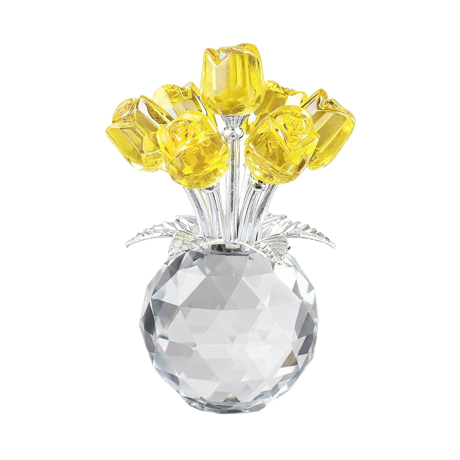 Clear Roses Bouquet Figurines, Glass Rose Flowers with Round Vase, Transparent Bouquet for Home Birthday Party Wedding Valentines Day Mother's Day Yellow - Image 1