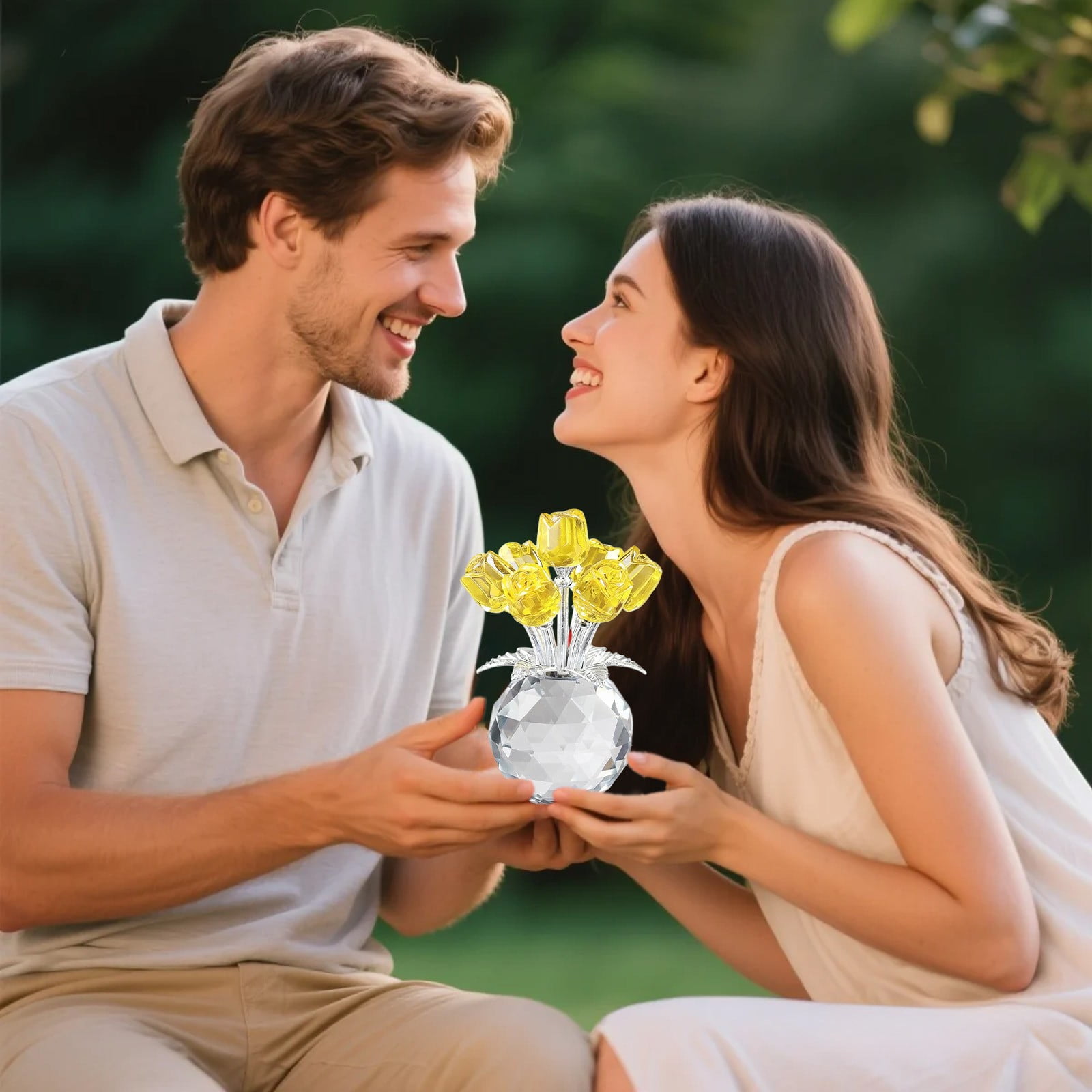 Clear Roses Bouquet Figurines, Glass Rose Flowers with Round Vase, Transparent Bouquet for Home Birthday Party Wedding Valentines Day Mother's Day Yellow - Image 3