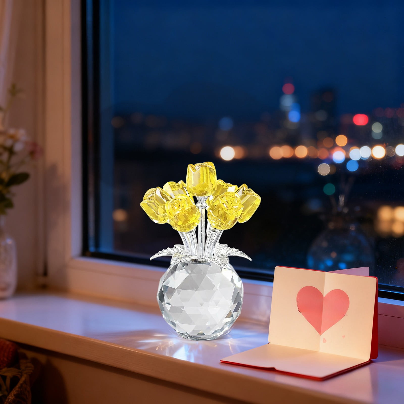 Clear Roses Bouquet Figurines, Glass Rose Flowers with Round Vase, Transparent Bouquet for Home Birthday Party Wedding Valentines Day Mother's Day Yellow - Image 4