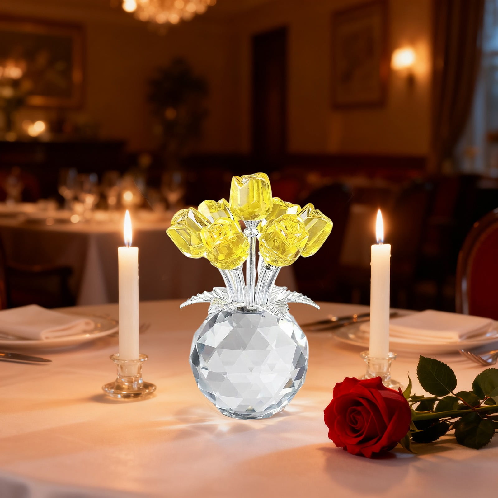 Clear Roses Bouquet Figurines, Glass Rose Flowers with Round Vase, Transparent Bouquet for Home Birthday Party Wedding Valentines Day Mother's Day Yellow - Image 5