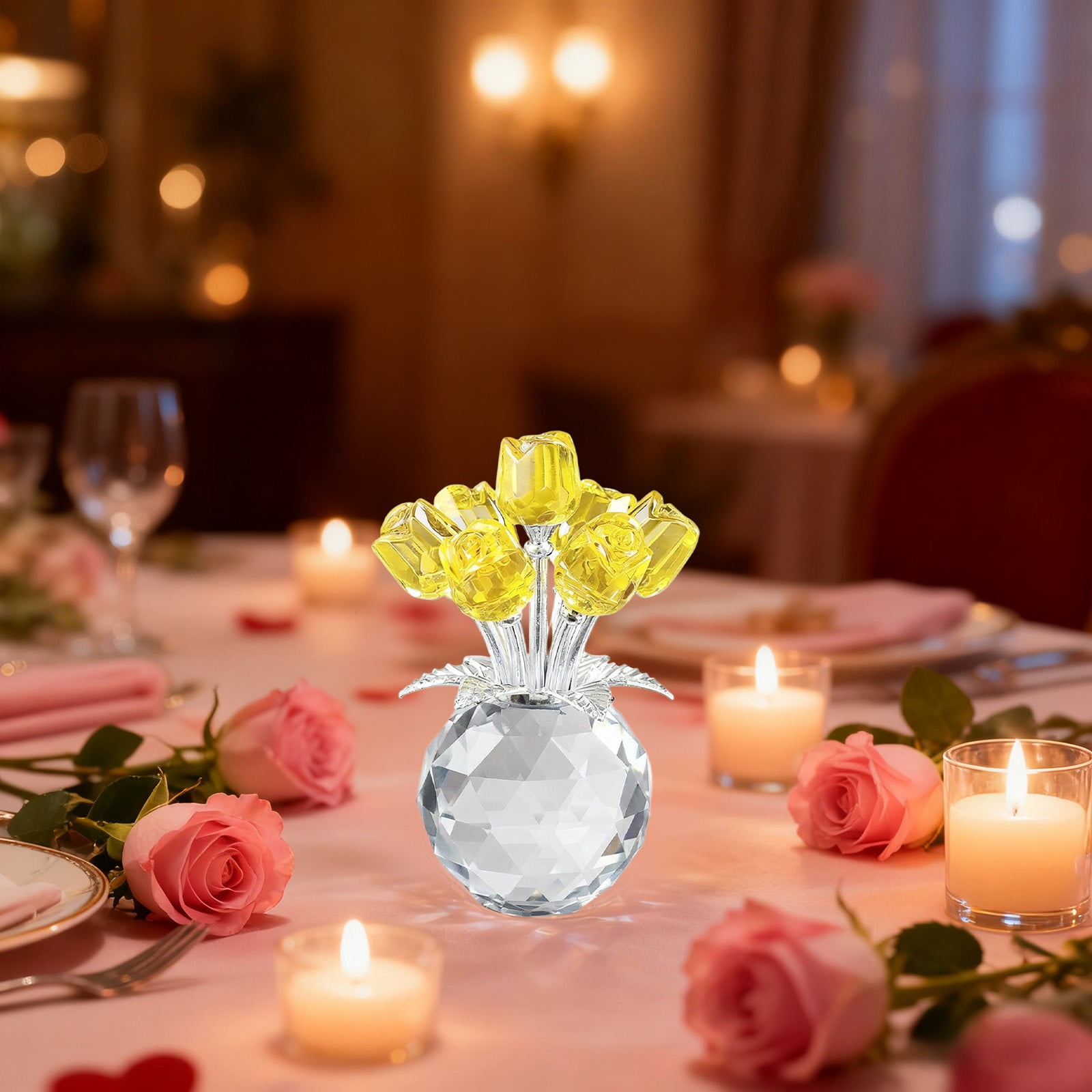 Clear Roses Bouquet Figurines, Glass Rose Flowers with Round Vase, Transparent Bouquet for Home Birthday Party Wedding Valentines Day Mother's Day Yellow - Image 6