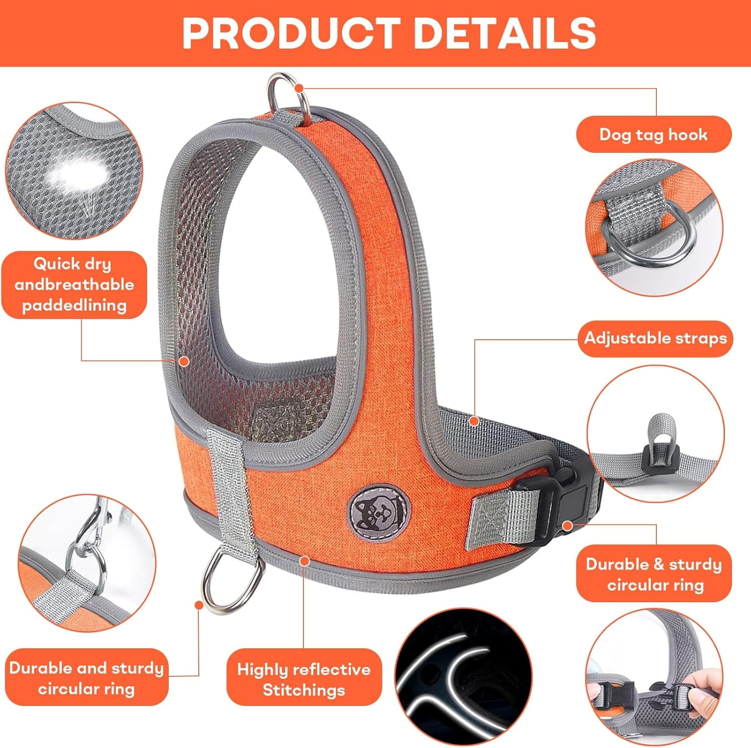 Dog Harness and Leash, No Pull Saddle Style Pet Harness, Breathable Mesh Adjustable Reflective Dog Vest, Dog Leash, for Dogs and Cat Medium Small Harness Orange,S - Image 2