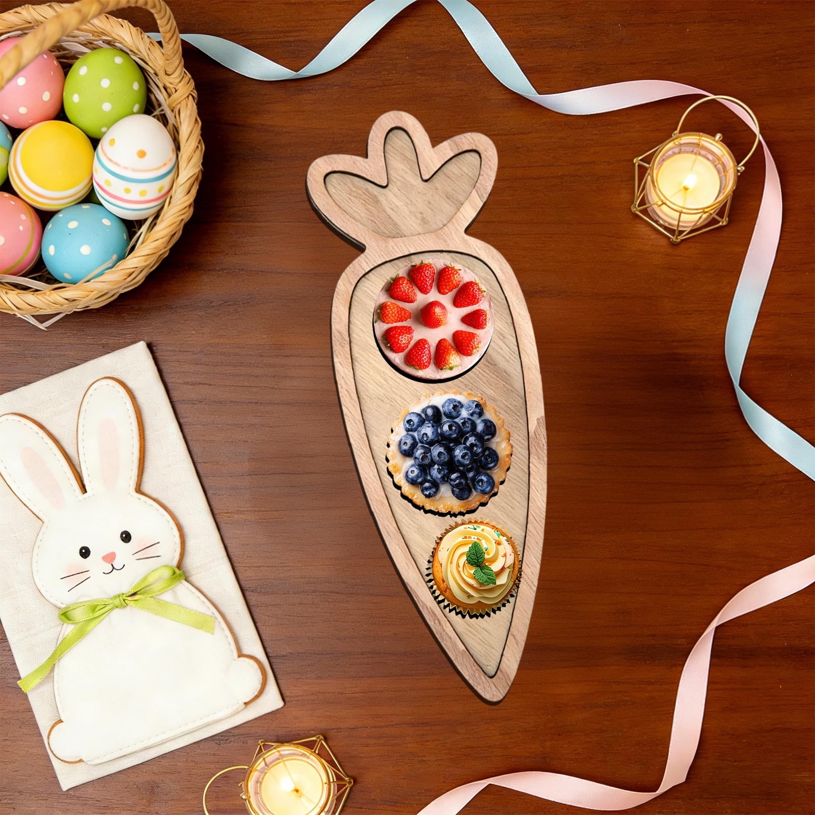 Easter Charcuterie Board, Easter Egg Bunny Wooden Serving Tray, Rabbit Cheese Appetizer Board, Snack Serving Platter, for Home Spring Party Food Holiday Salad Dish, Fruit Plate Supplies KhakiA - Image 1