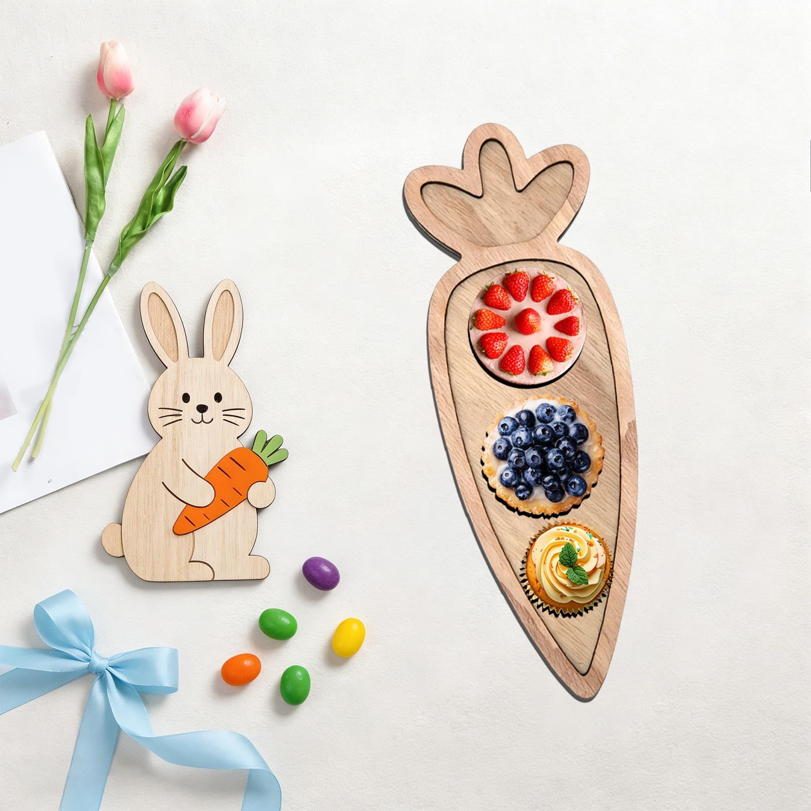 Easter Charcuterie Board, Easter Egg Bunny Wooden Serving Tray, Rabbit Cheese Appetizer Board, Snack Serving Platter, for Home Spring Party Food Holiday Salad Dish, Fruit Plate Supplies KhakiE - Image 5