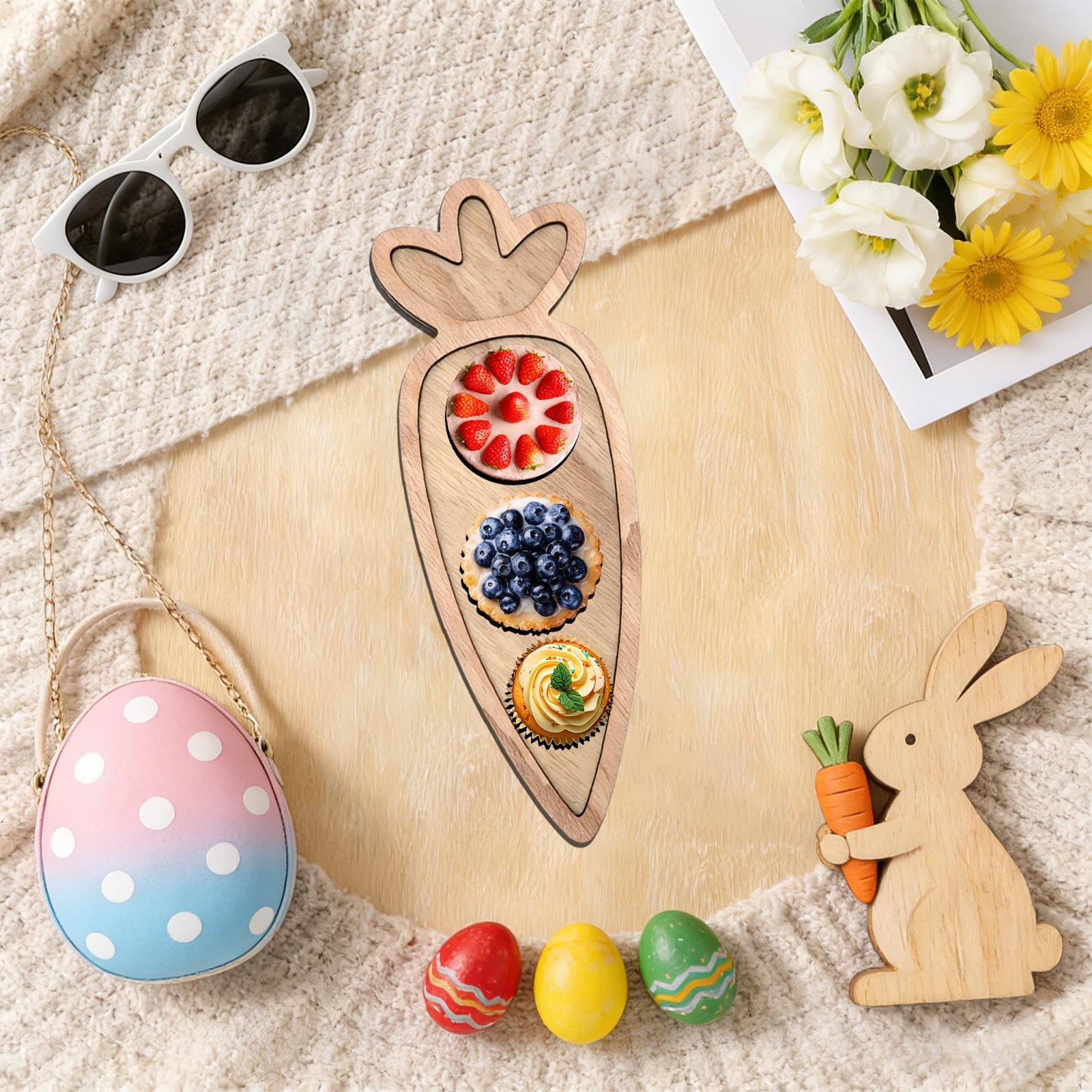 Easter Charcuterie Board, Easter Egg Bunny Wooden Serving Tray, Rabbit Cheese Appetizer Board, Snack Serving Platter, for Home Spring Party Food Holiday Salad Dish, Fruit Plate Supplies KhakiE - Image 6