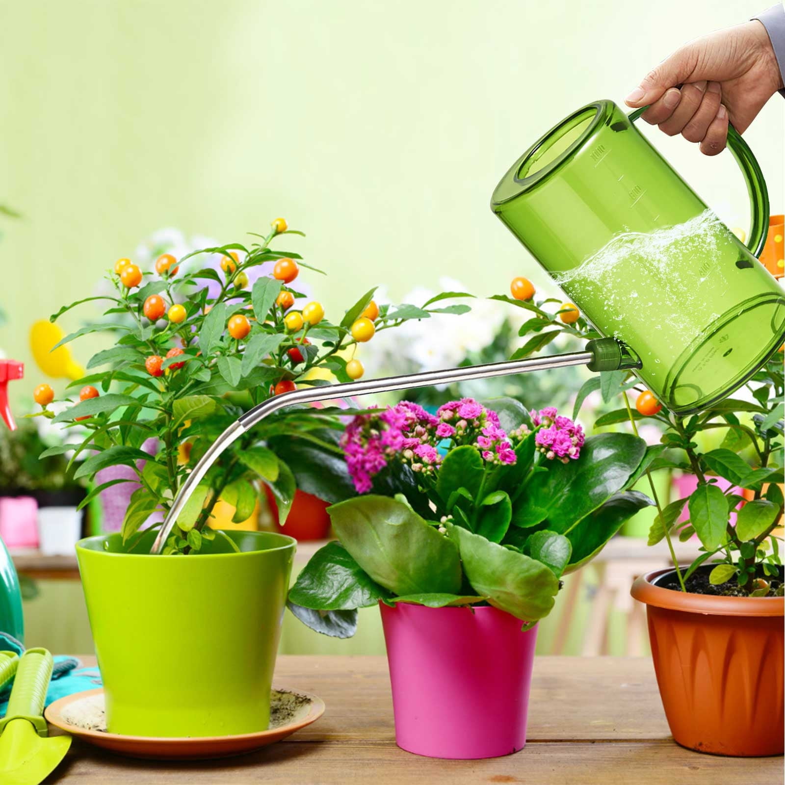 Plants Watering Jug, Portable Flower Mister, 1L Long Neck Sprinkler, Gardening Can, Household Gardening Watering Pot, for Indoor Herbs Vegetables Bonsai Balcony Plants, Outdoor Watering Container Green - Image 1