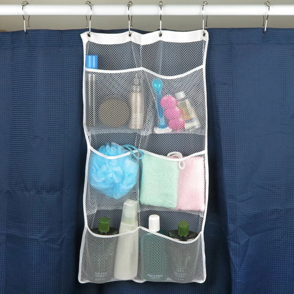 2Pcs Hanging Mesh Pocket Shower Organizer, Bathroom Shower Candy Organizer, Shower Organizer with 6 Pockets Hooks, Quicky Drying, Clear - Image 3