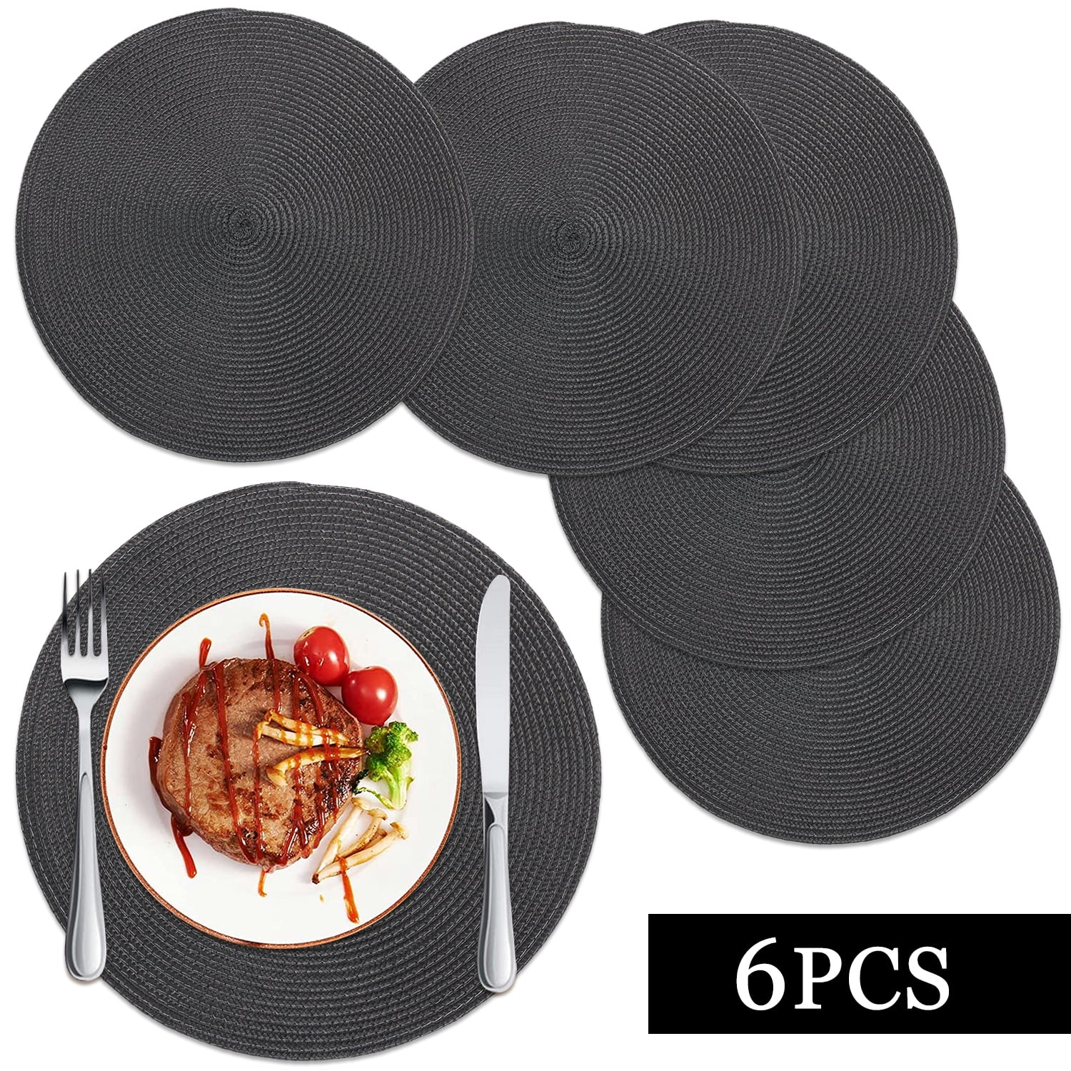 Braided Placemats for Dining Table Set of 6 - Round 15 inch Woven Heat Resistant Non-Slip Kitchen Table Mats, Red Black - Image 1