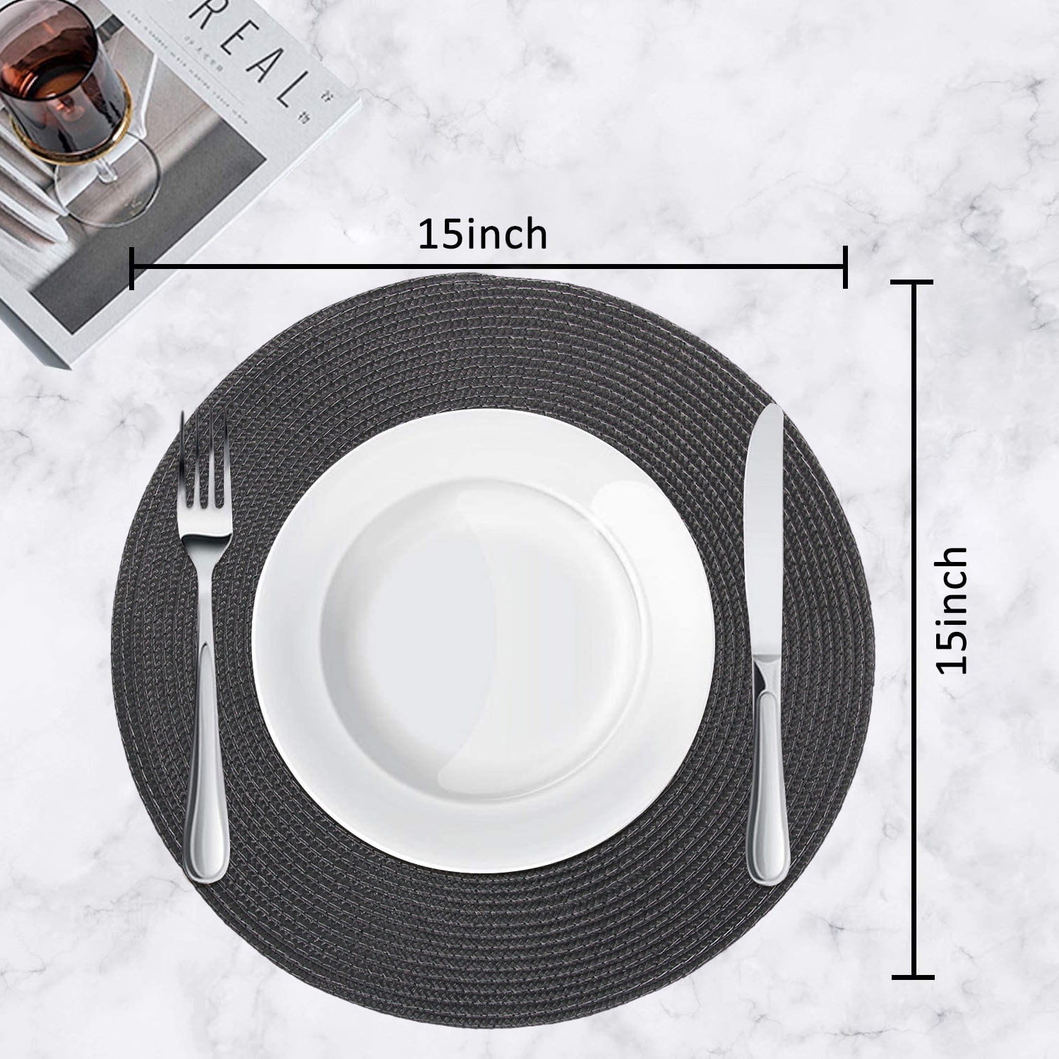 Braided Placemats for Dining Table Set of 6 - Round 15 inch Woven Heat Resistant Non-Slip Kitchen Table Mats, Red Black - Image 2