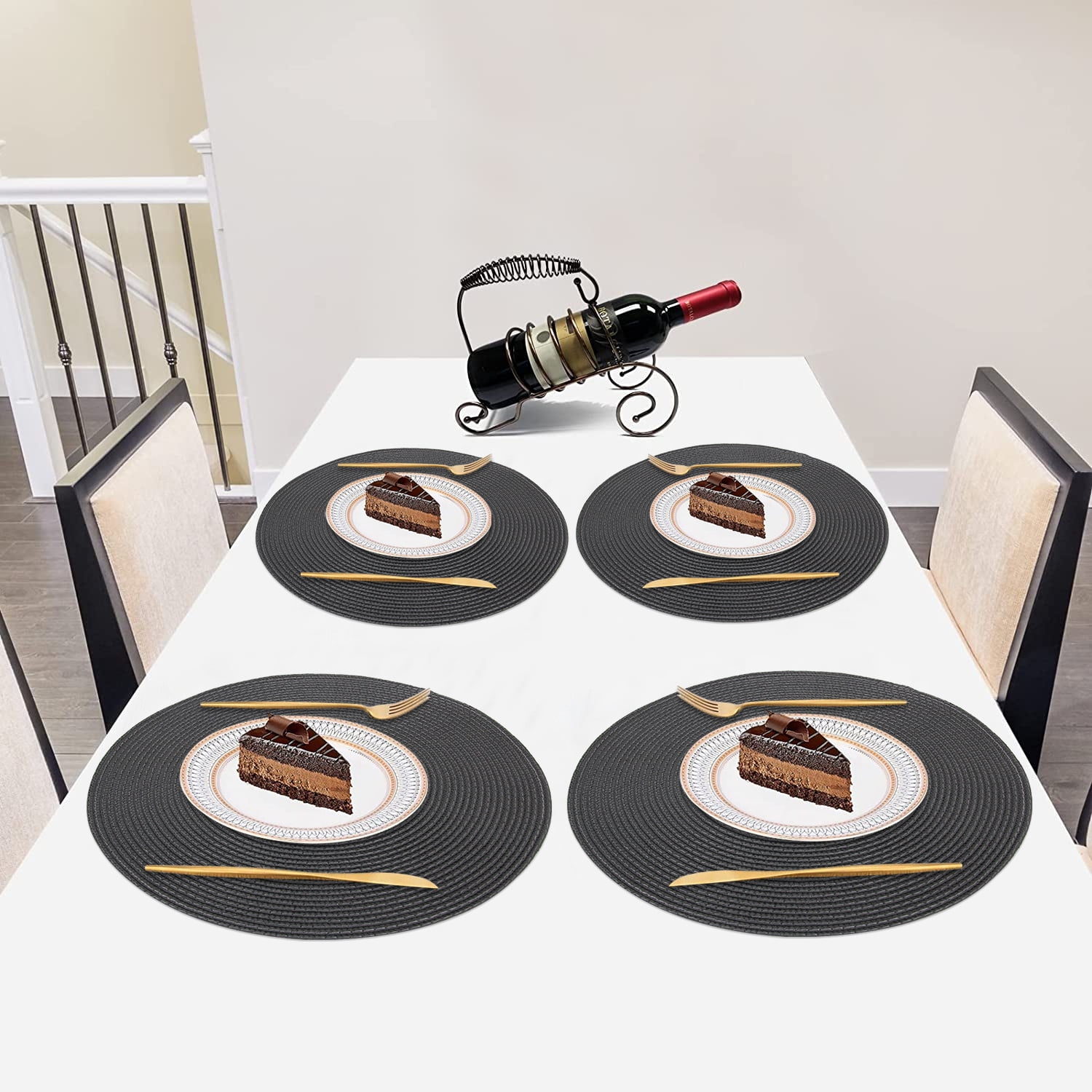 Braided Placemats for Dining Table Set of 6 - Round 15 inch Woven Heat Resistant Non-Slip Kitchen Table Mats, Red Black - Image 5
