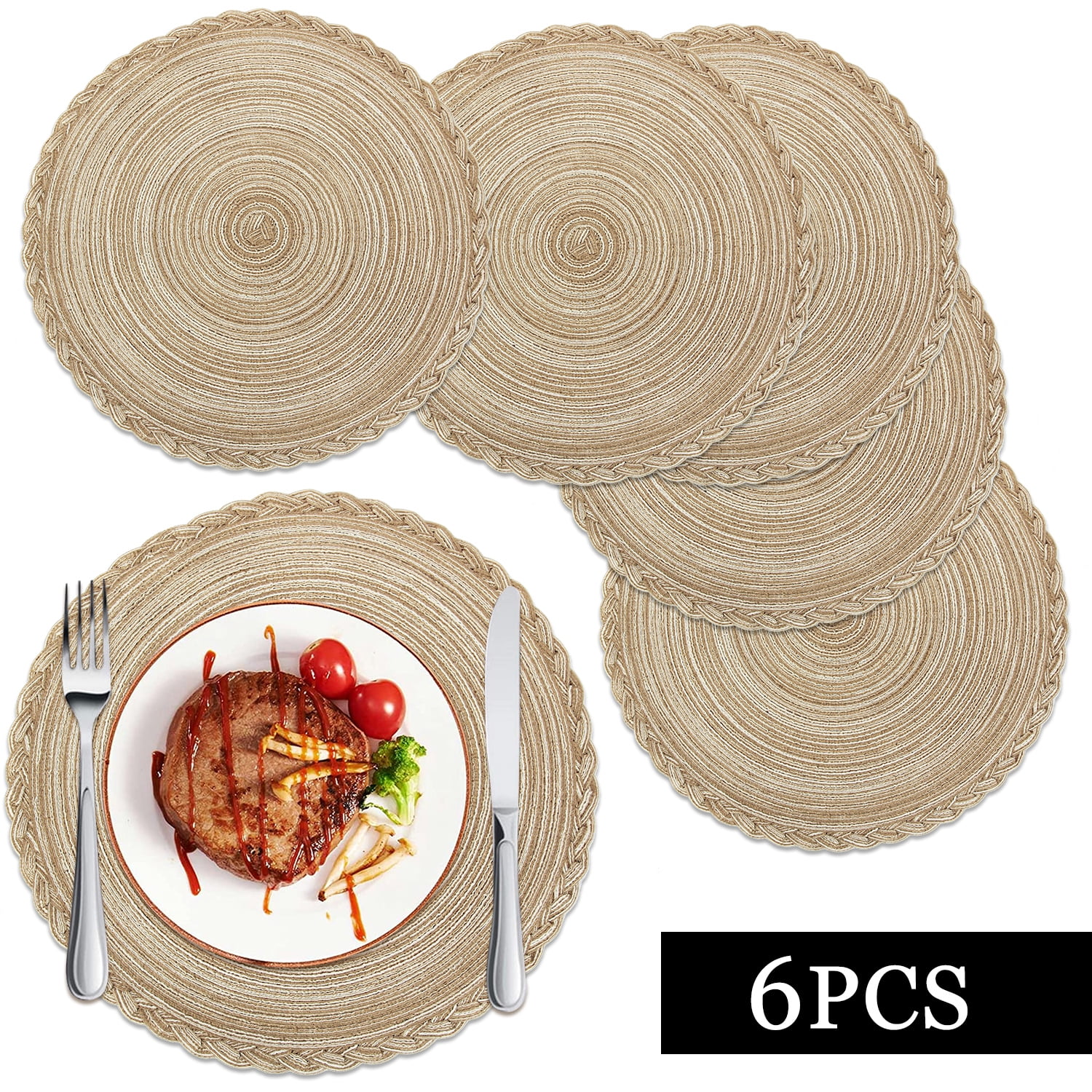 Braided Placemats for Dining Table Set of 6 - Round 15 inch Woven Heat Resistant Non-Slip Kitchen Table Mats, Red Light Coffee - Image 1