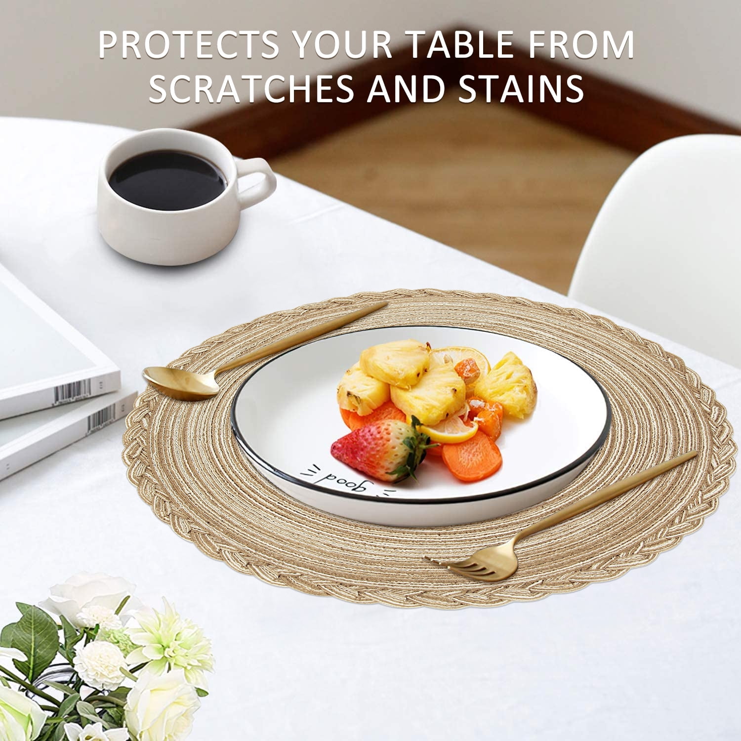 Braided Placemats for Dining Table Set of 6 - Round 15 inch Woven Heat Resistant Non-Slip Kitchen Table Mats, Red Light Coffee - Image 2