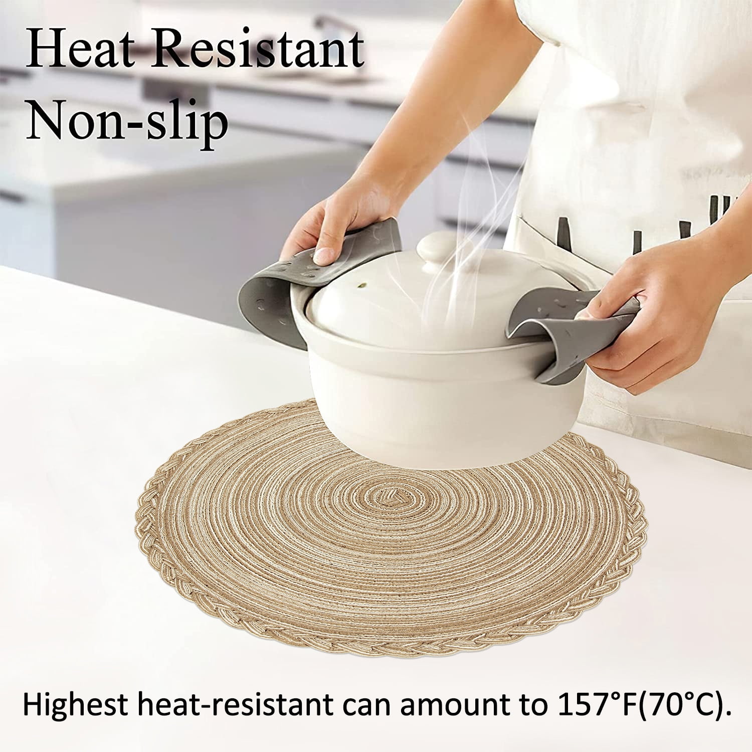 Braided Placemats for Dining Table Set of 6 - Round 15 inch Woven Heat Resistant Non-Slip Kitchen Table Mats, Red Light Coffee - Image 5