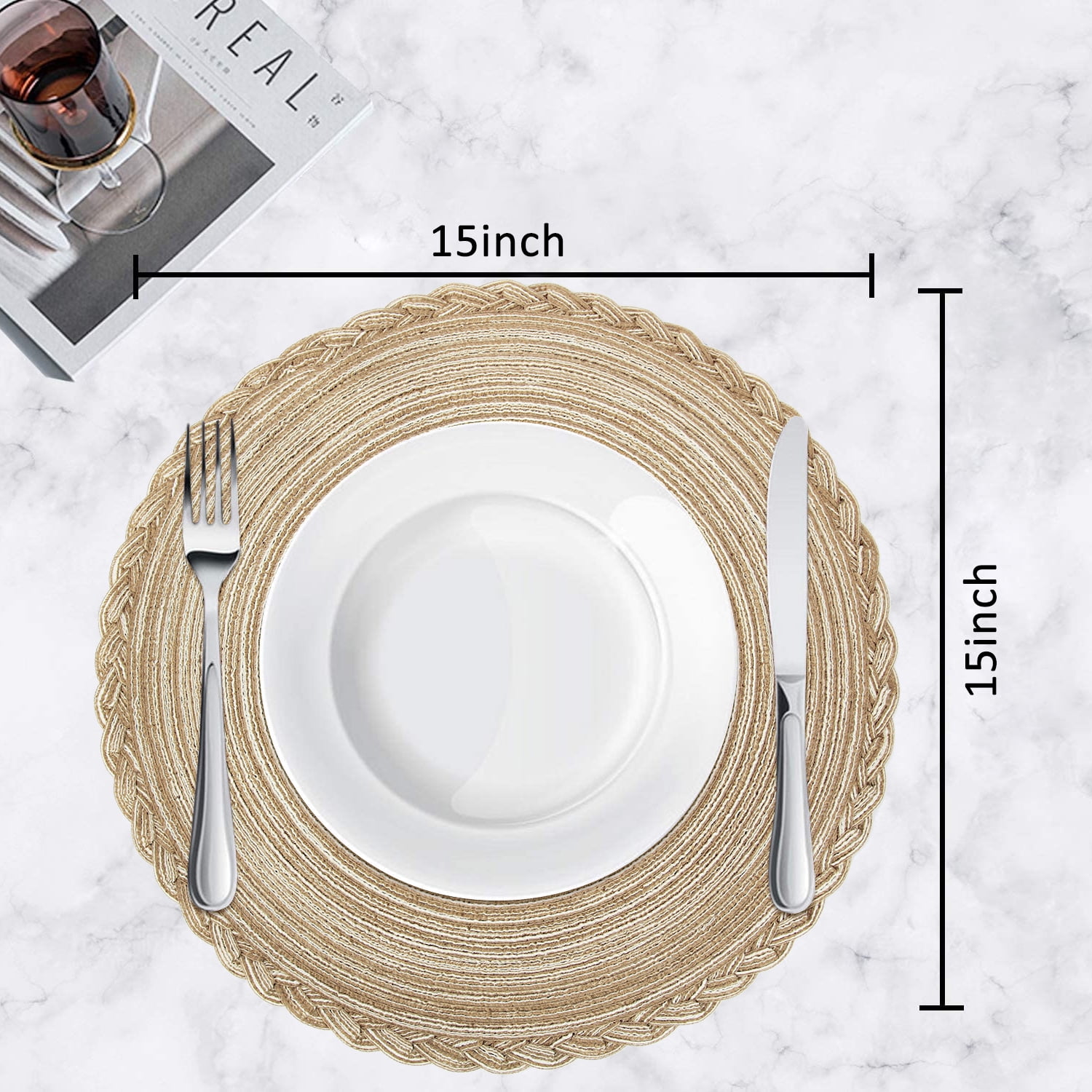 Braided Placemats for Dining Table Set of 6 - Round 15 inch Woven Heat Resistant Non-Slip Kitchen Table Mats, Red Light Coffee - Image 7