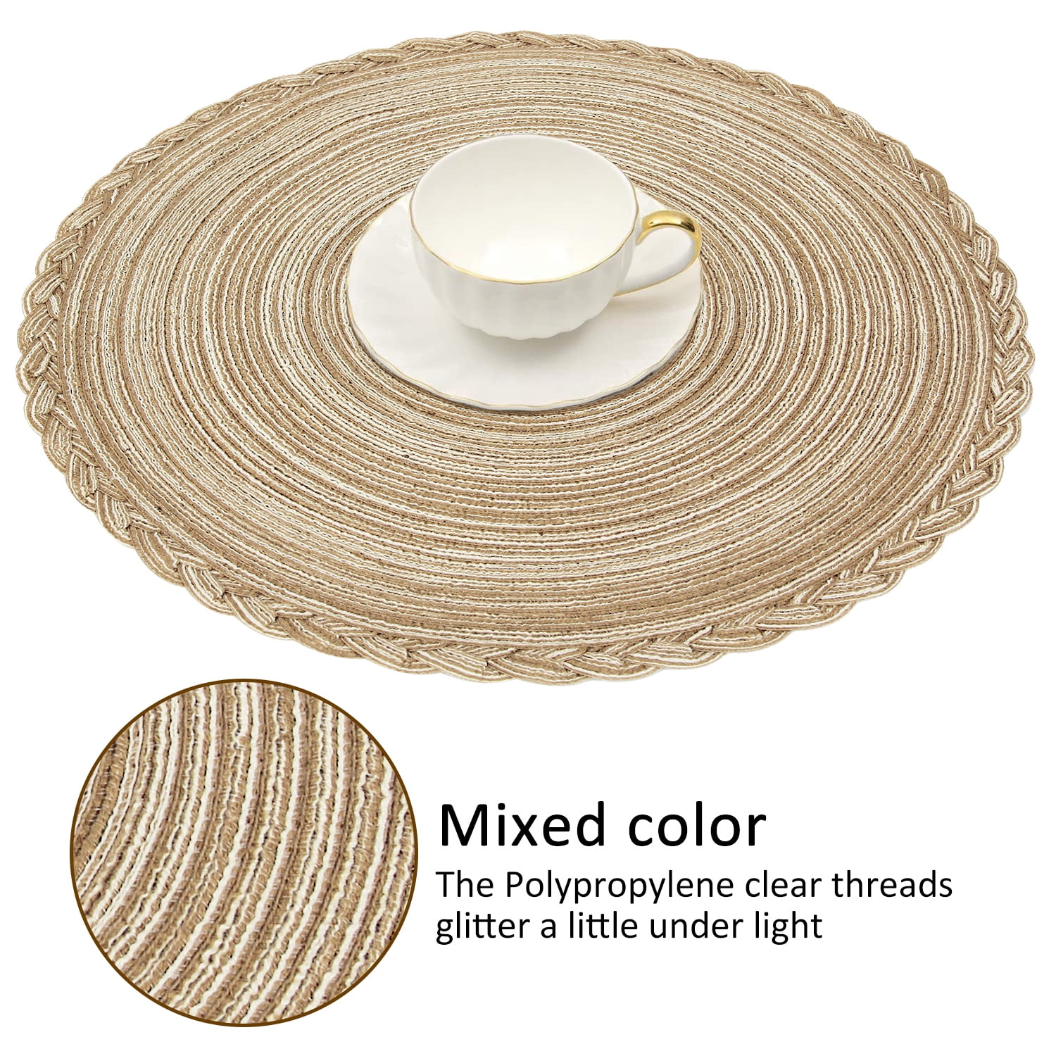 Braided Placemats for Dining Table Set of 6 - Round 15 inch Woven Heat Resistant Non-Slip Kitchen Table Mats, Red Light Coffee - Image 8