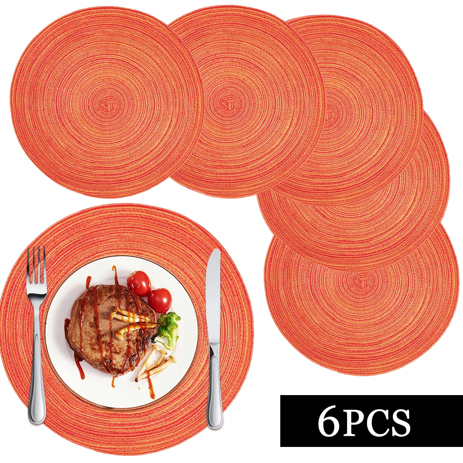 Braided Placemats for Dining Table Set of 6 - Round 15 inch Woven Heat Resistant Non-Slip Kitchen Table Mats Red - Image 1