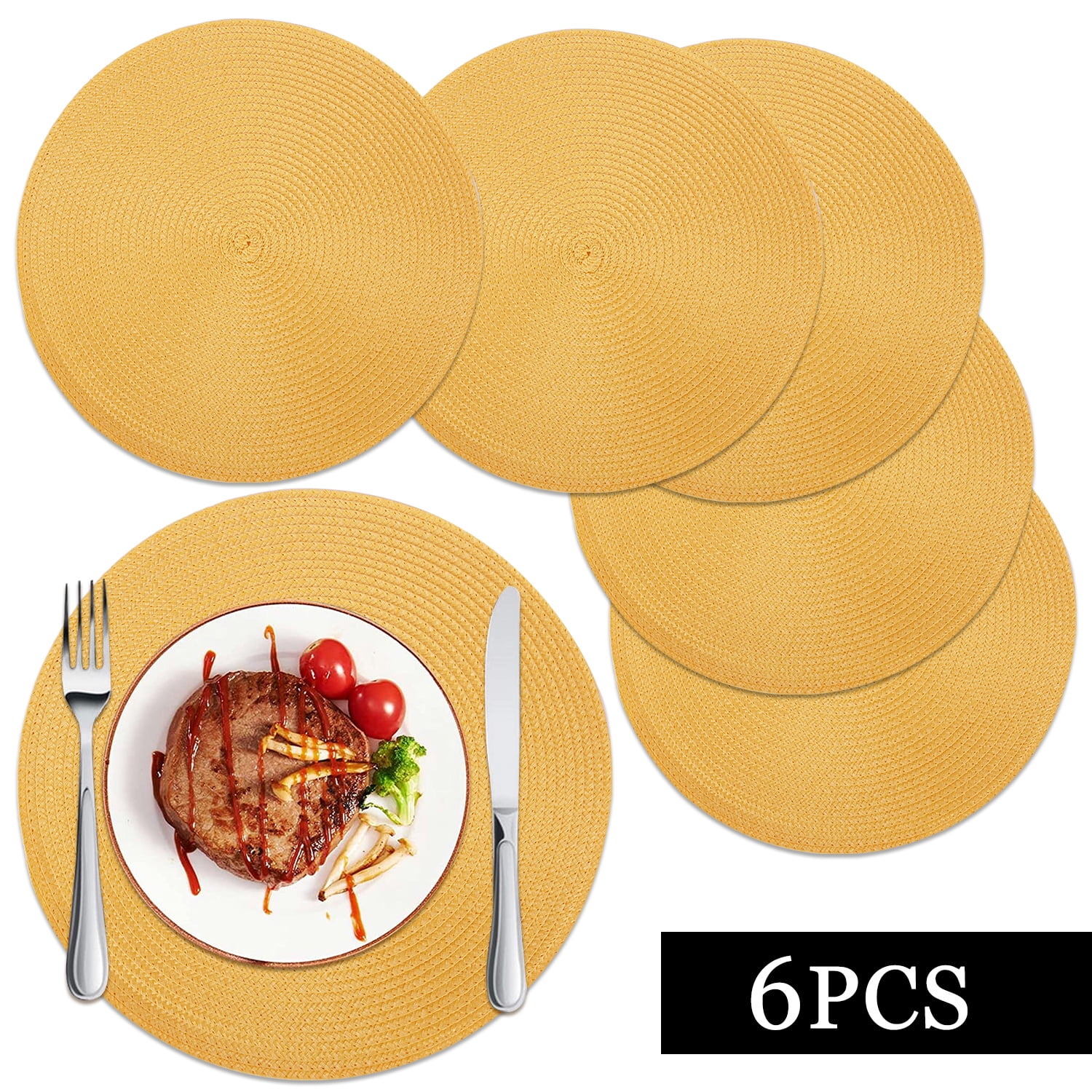 Braided Placemats for Dining Table Set of 6 - Round 15 inch Woven Heat Resistant Non-Slip Kitchen Table Mats, Red Yellow - Image 1