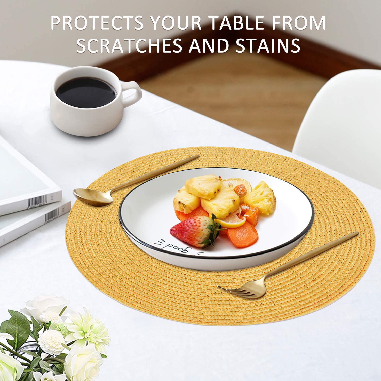 Braided Placemats for Dining Table Set of 6 - Round 15 inch Woven Heat Resistant Non-Slip Kitchen Table Mats, Red Yellow - Image 4
