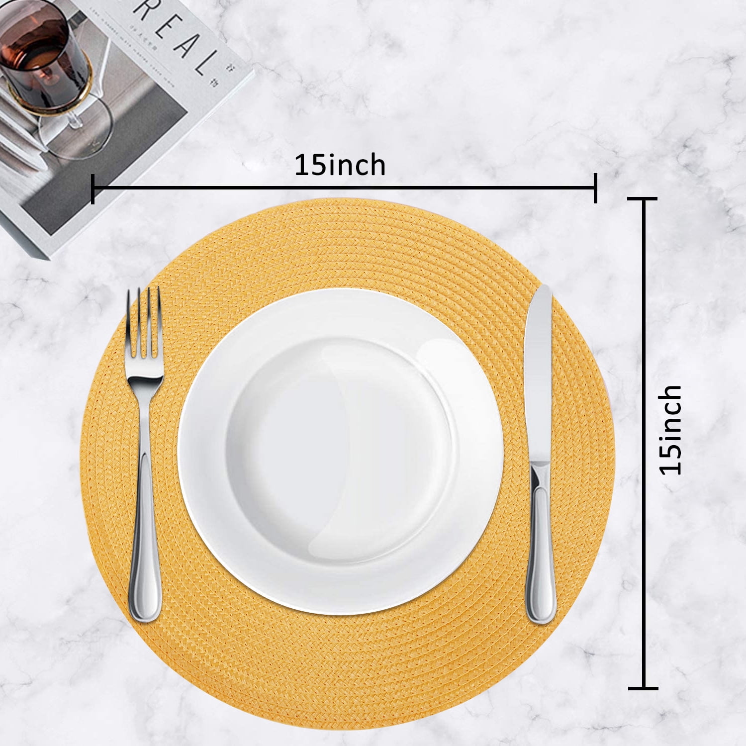 Braided Placemats for Dining Table Set of 6 - Round 15 inch Woven Heat Resistant Non-Slip Kitchen Table Mats, Red Yellow - Image 5