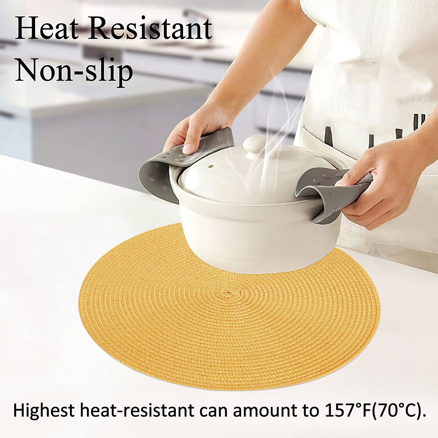 Braided Placemats for Dining Table Set of 6 - Round 15 inch Woven Heat Resistant Non-Slip Kitchen Table Mats, Red Yellow - Image 6