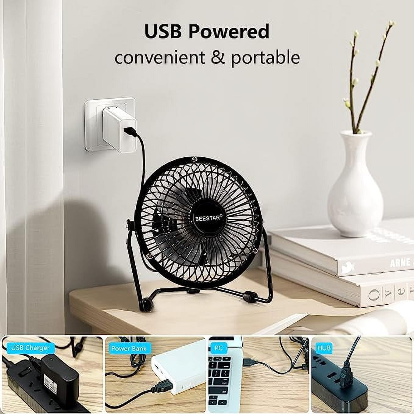 Tutuviw 4 Inch USB Desk Fan,Small and Quiet,Powerful USB Powered Portable Fan,Strong Airflow,Mini Metal USB Fan,360°Rotation,Personal Cooling Fan with 2 Speed for Home Office Black - Image 6