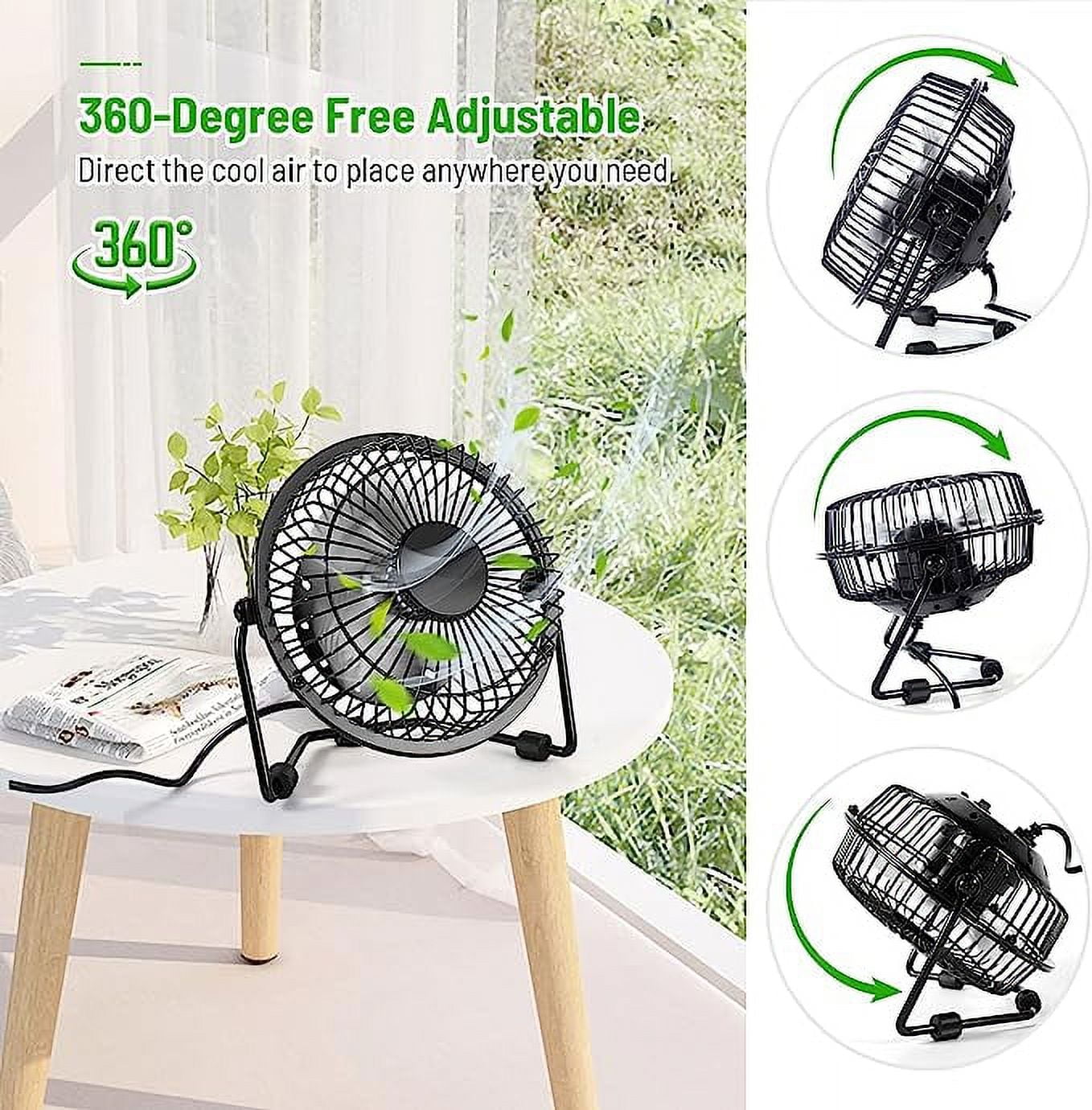 Tutuviw 4 Inch USB Desk Fan,Small and Quiet,Powerful USB Powered Portable Fan,Strong Airflow,Mini Metal USB Fan,360°Rotation,Personal Cooling Fan with 2 Speed for Home Office,Black Green - Image 2