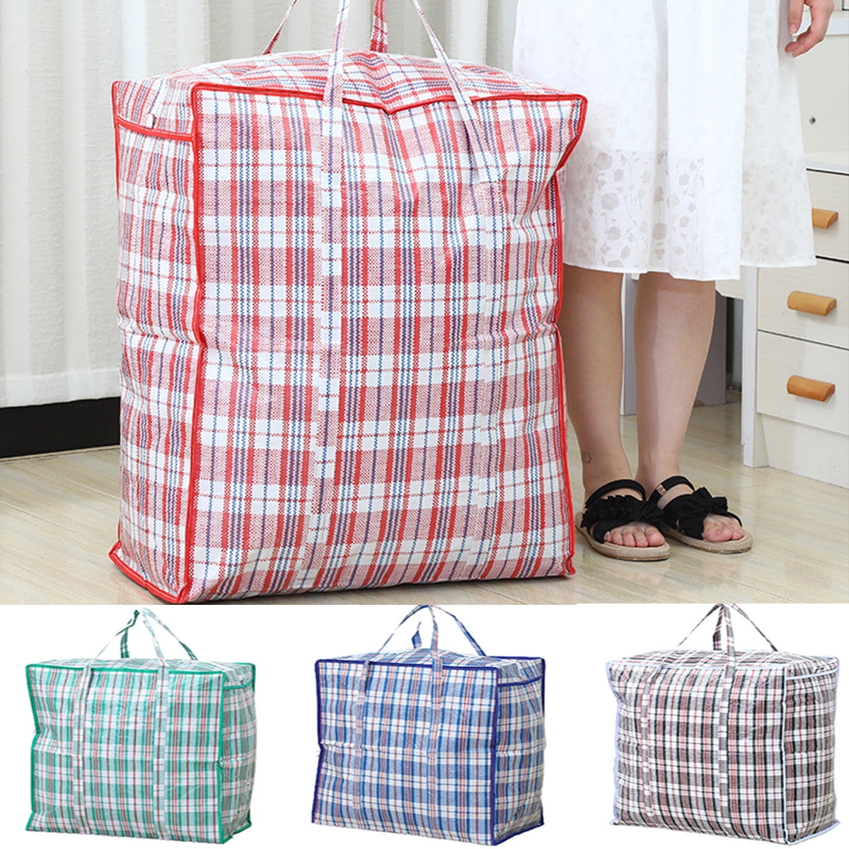 Dream Lifestyle Large Capacity Storage Bags, Large Checkered Storage Laundry Bag with Zipper & Handles for Shopping Moving Travel Green - Image 1