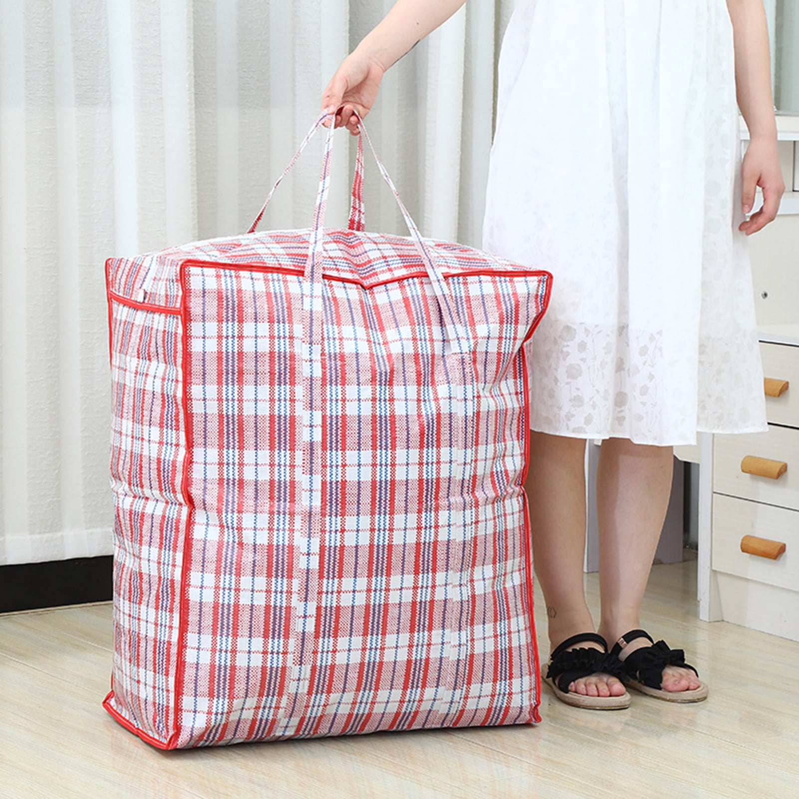 Dream Lifestyle Large Capacity Storage Bags, Large Checkered Storage Laundry Bag with Zipper & Handles for Shopping Moving Travel Red - Image 4