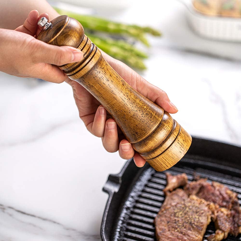 Oak Wood Salt and Pepper Grinder Set: Premium Mills Shakers with Adjustable Coarseness (Set of 2) - 5inch - Image 3