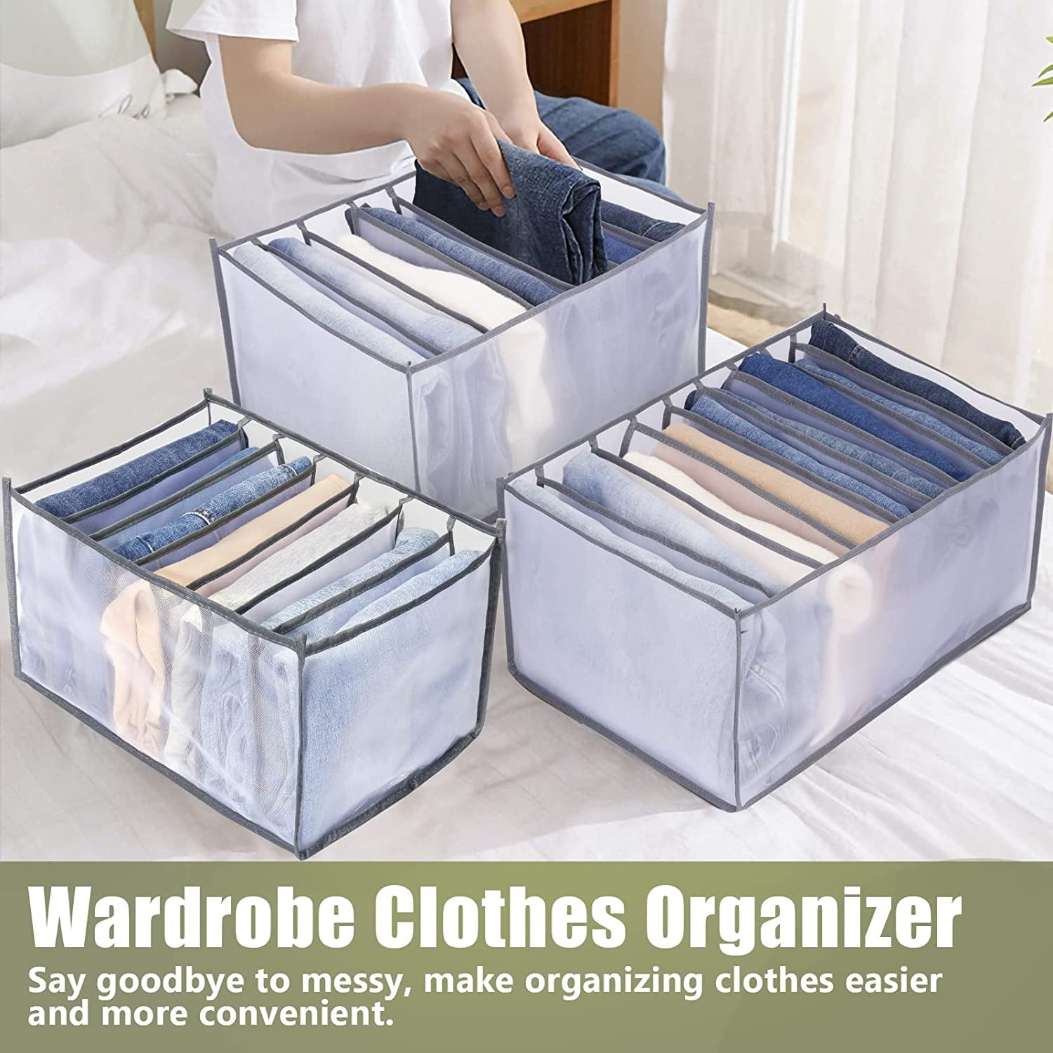 Tutuviw Wardrobe Clothes Organizer for Jeans, Upgraded Drawer Organizers for Clothing with Handle Foldable, Drawer Organizers Clothes(Gray,1PCS-M) 1PCS-7 Cell(M) - Image 6